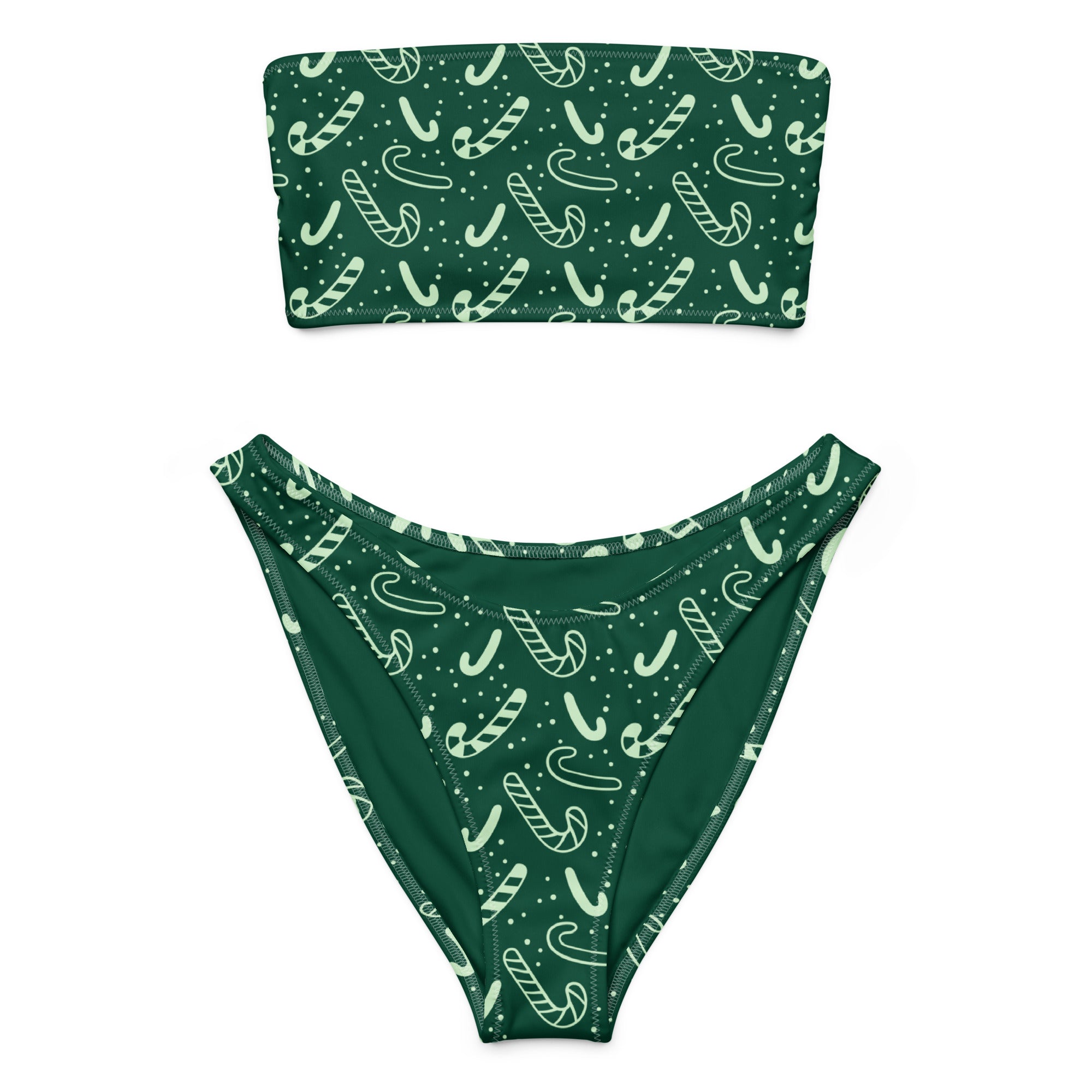 Women's Green Candy Cane Christmas Recycled Bandeau Bikini - Quick Drying Fabric With UPF 50+