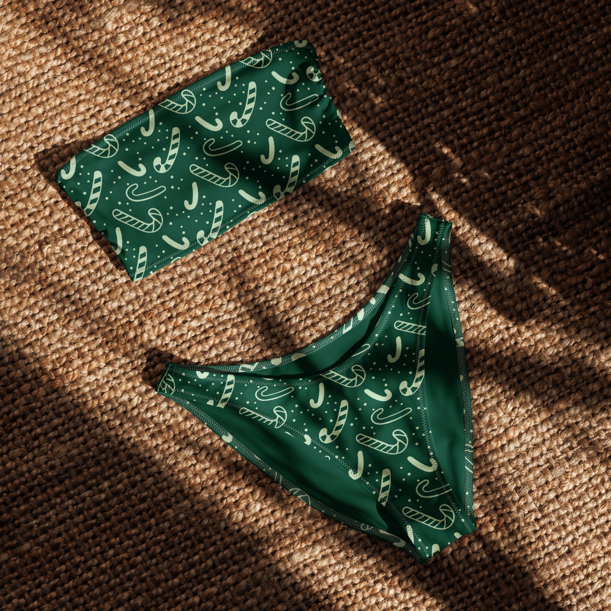 Women's Green Candy Cane Christmas Recycled Bandeau Bikini - Quick Drying Fabric With UPF 50+