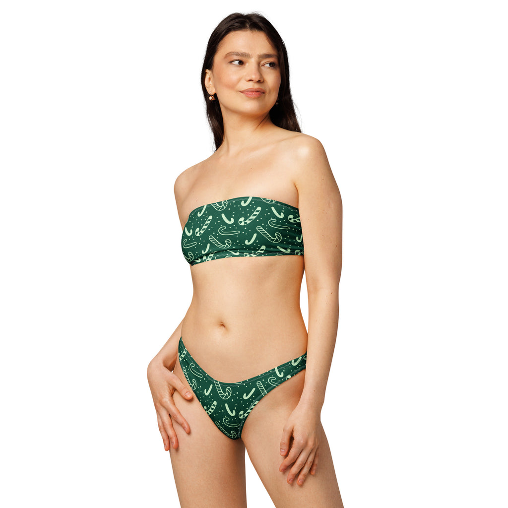 Women's Green Candy Cane Christmas Recycled Bandeau Bikini - Quick Drying Fabric With UPF 50+