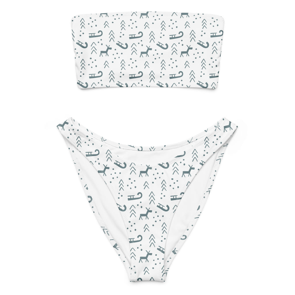 White minimalist reindeer bandeau bikini with high waisted bottoms in quick drying recycled fabric with upf 50 plus