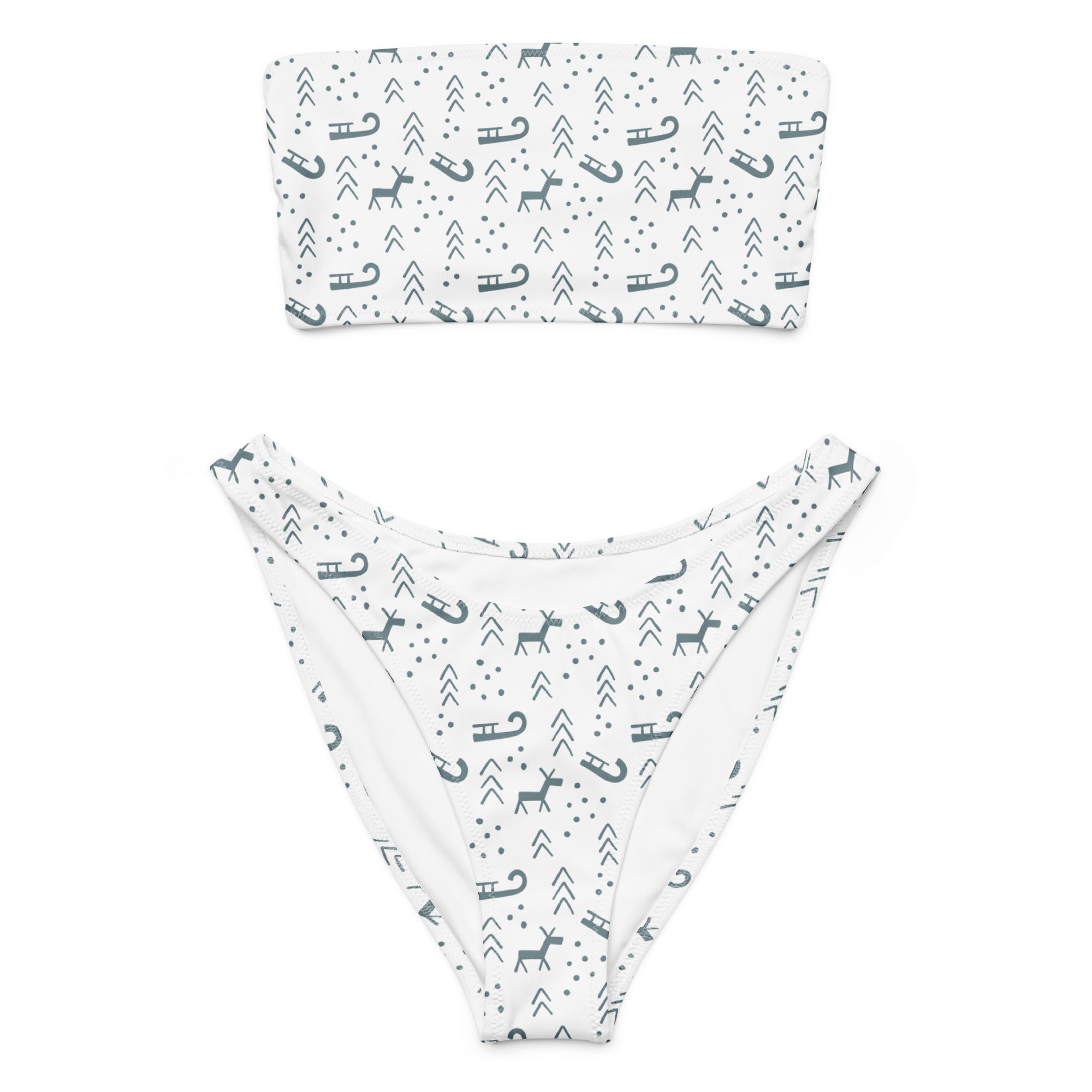 White minimalist reindeer bandeau bikini with high waisted bottoms in quick drying recycled fabric with upf 50 plus