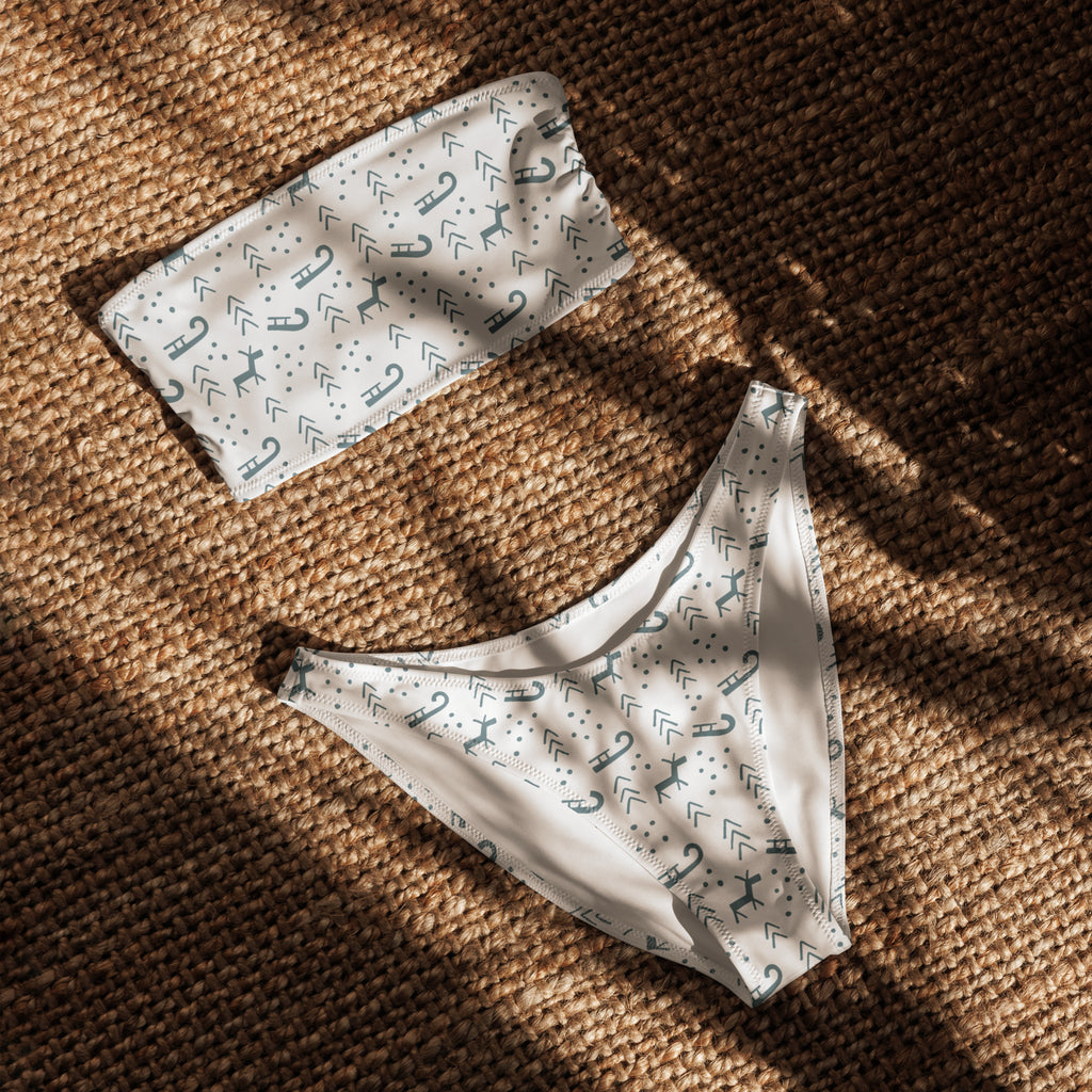 Women’s minimalist reindeer christmas recycled bandeau bikini in white with teal arrow pattern quick drying fabric upf 50+
