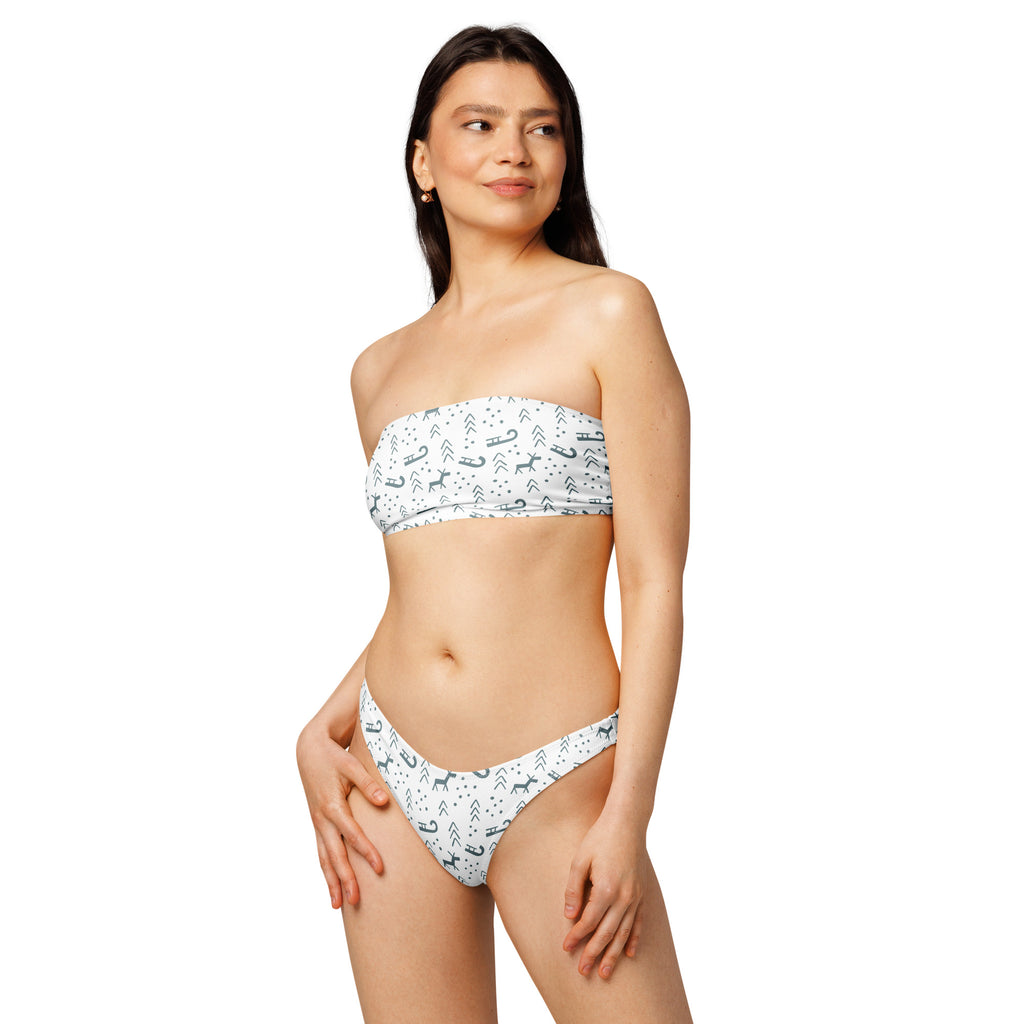 White strapless bikini set with gray deer arrows and dots pattern made of quick drying recycled fabric with upf 50+