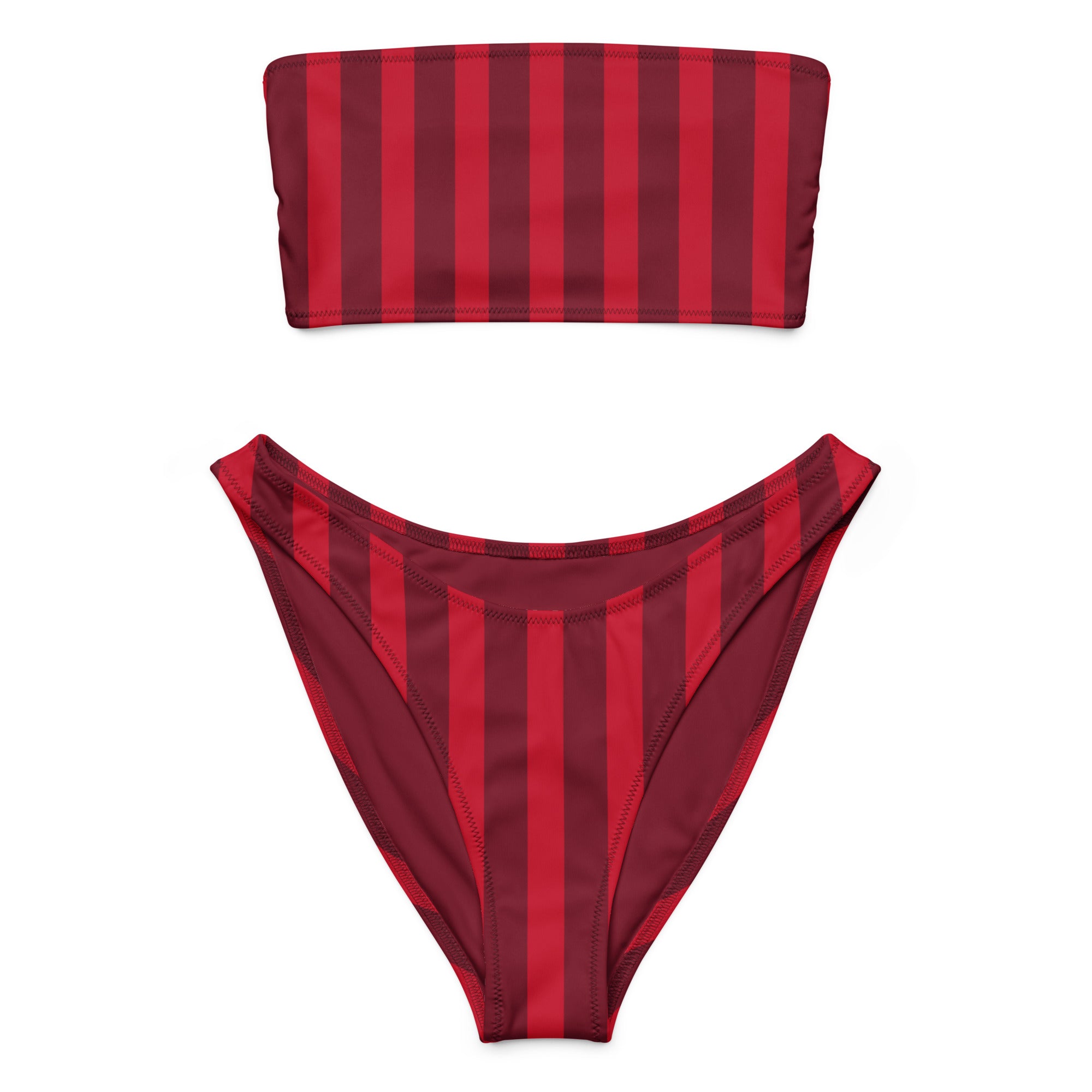 Women's Red Vertical Stripe Recycled Bandeau Bikini - Quick Drying Fabric With UPF 50+