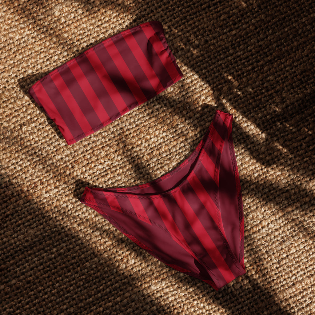 Women's Red Vertical Stripe Recycled Bandeau Bikini - Quick Drying Fabric With UPF 50+