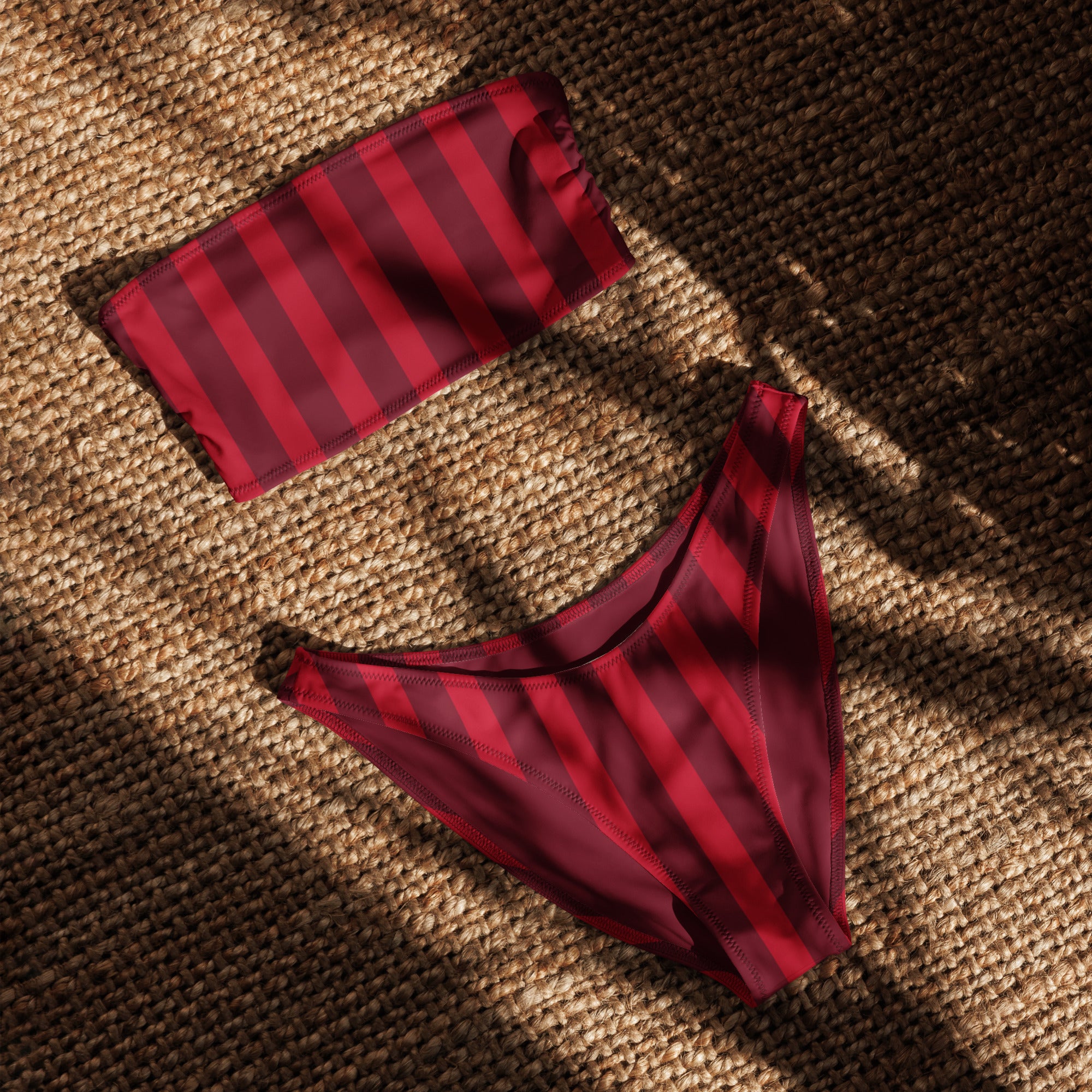 Women's Red Vertical Stripe Recycled Bandeau Bikini - Quick Drying Fabric With UPF 50+