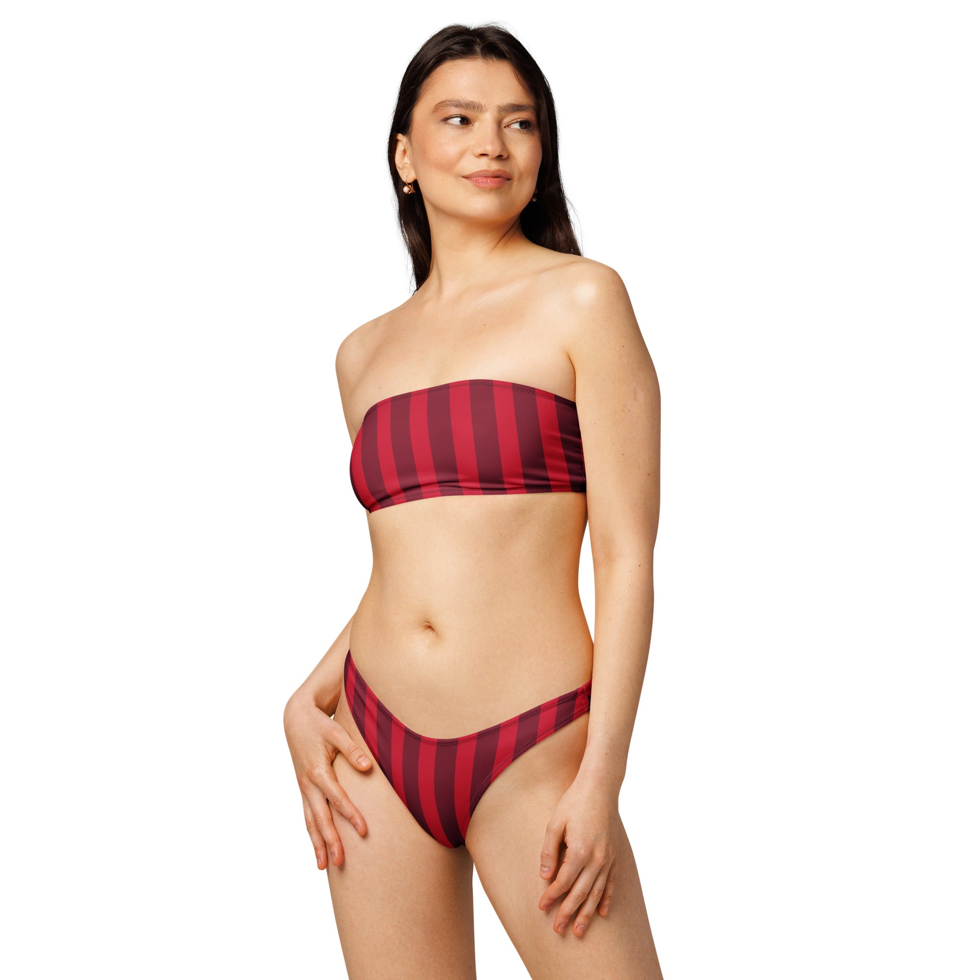 Women's Red Vertical Stripe Recycled Bandeau Bikini - Quick Drying Fabric With UPF 50+
