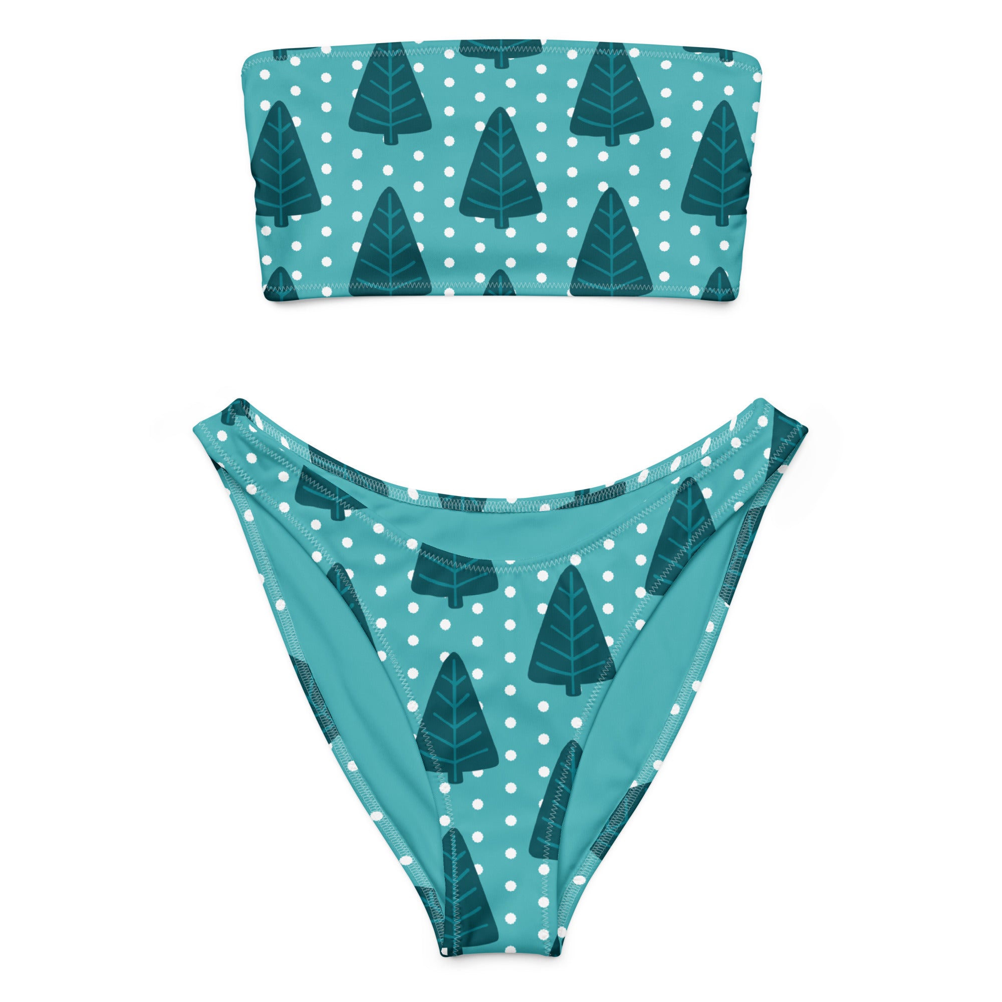 Women's Teal Christmas Tree Recycled Bandeau Bikini - Quick Drying Fabric With UPF 50+