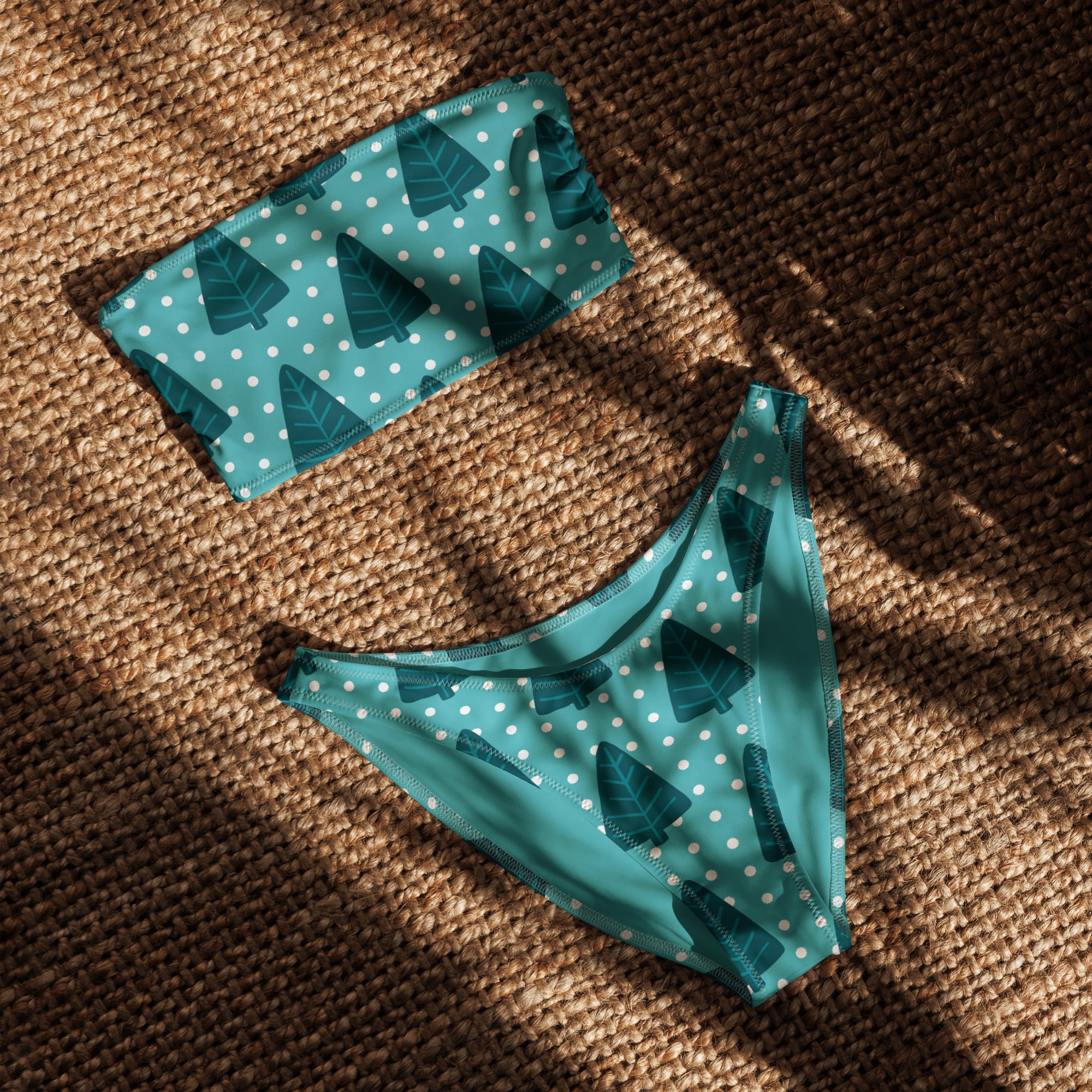 Women's Teal Christmas Tree Recycled Bandeau Bikini - Quick Drying Fabric With UPF 50+