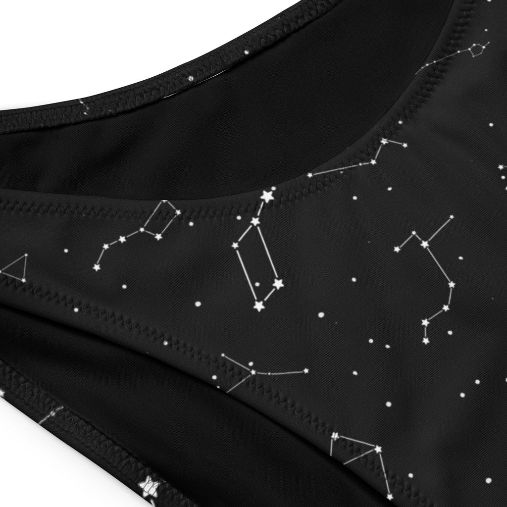 Women’s black recycled bandeau bikini with white constellation pattern quick drying fabric and upf 50+ protection