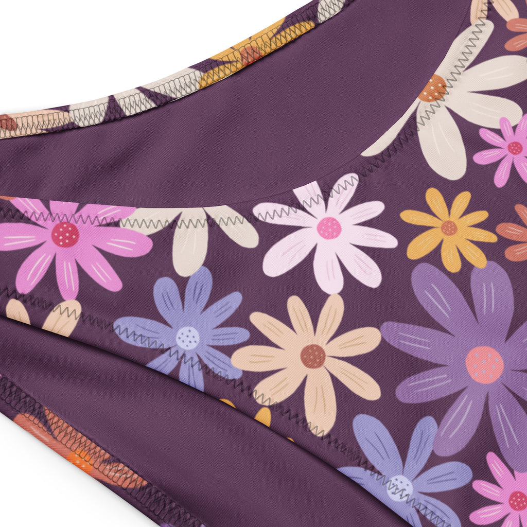 Women’s retro daisy floral recycled bandeau bikini in purple with colorful quick drying fabric and upf 50 plus protection