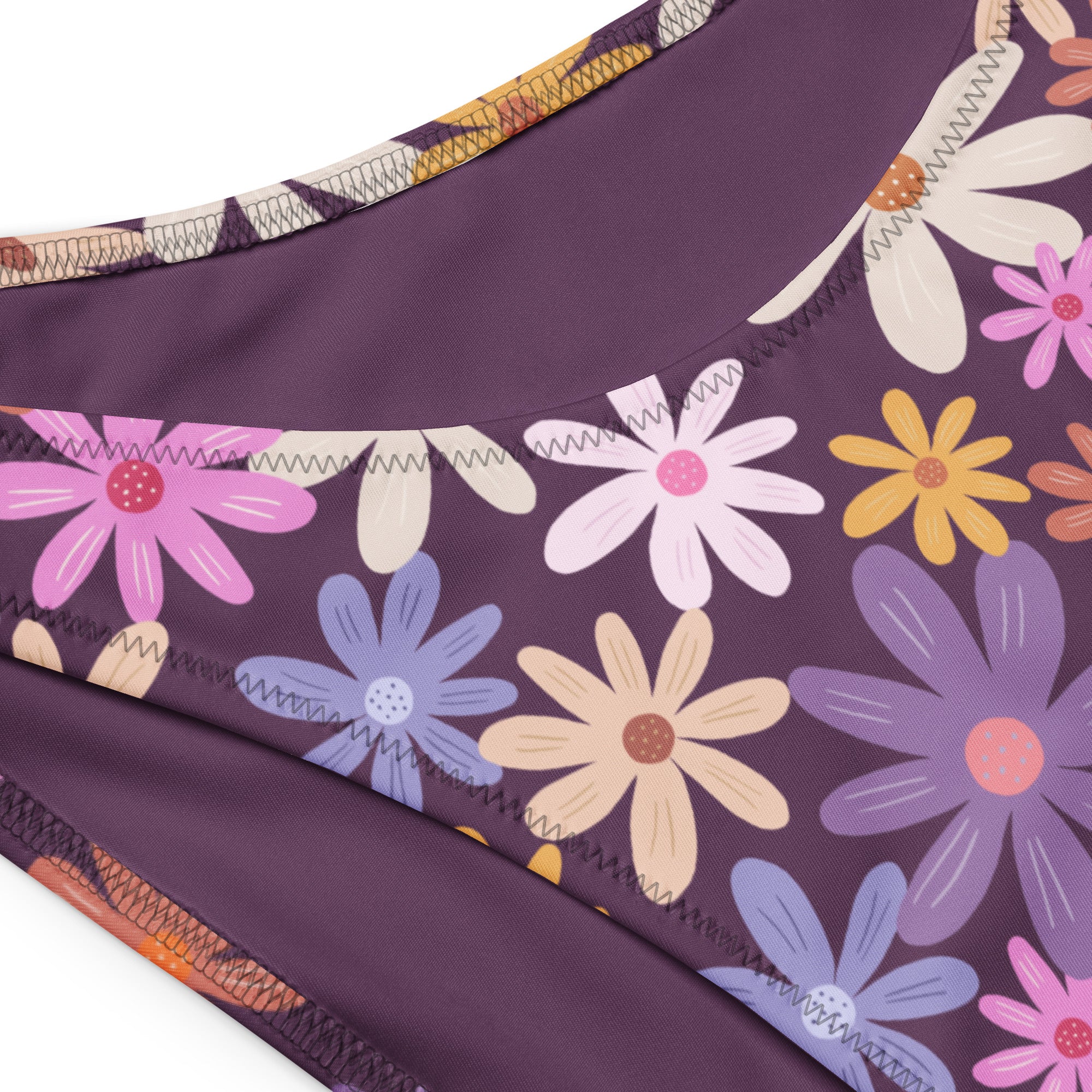 Women’s retro daisy floral recycled bandeau bikini in purple with colorful quick drying fabric and upf 50 plus protection