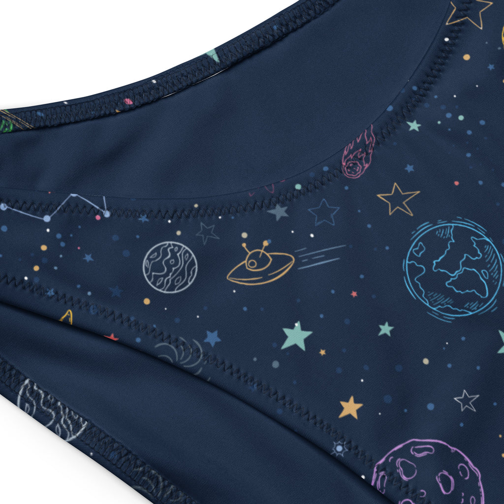 Women’s dark blue recycled bandeau bikini with colorful galaxy space print and quick drying UPF 50+ fabric
