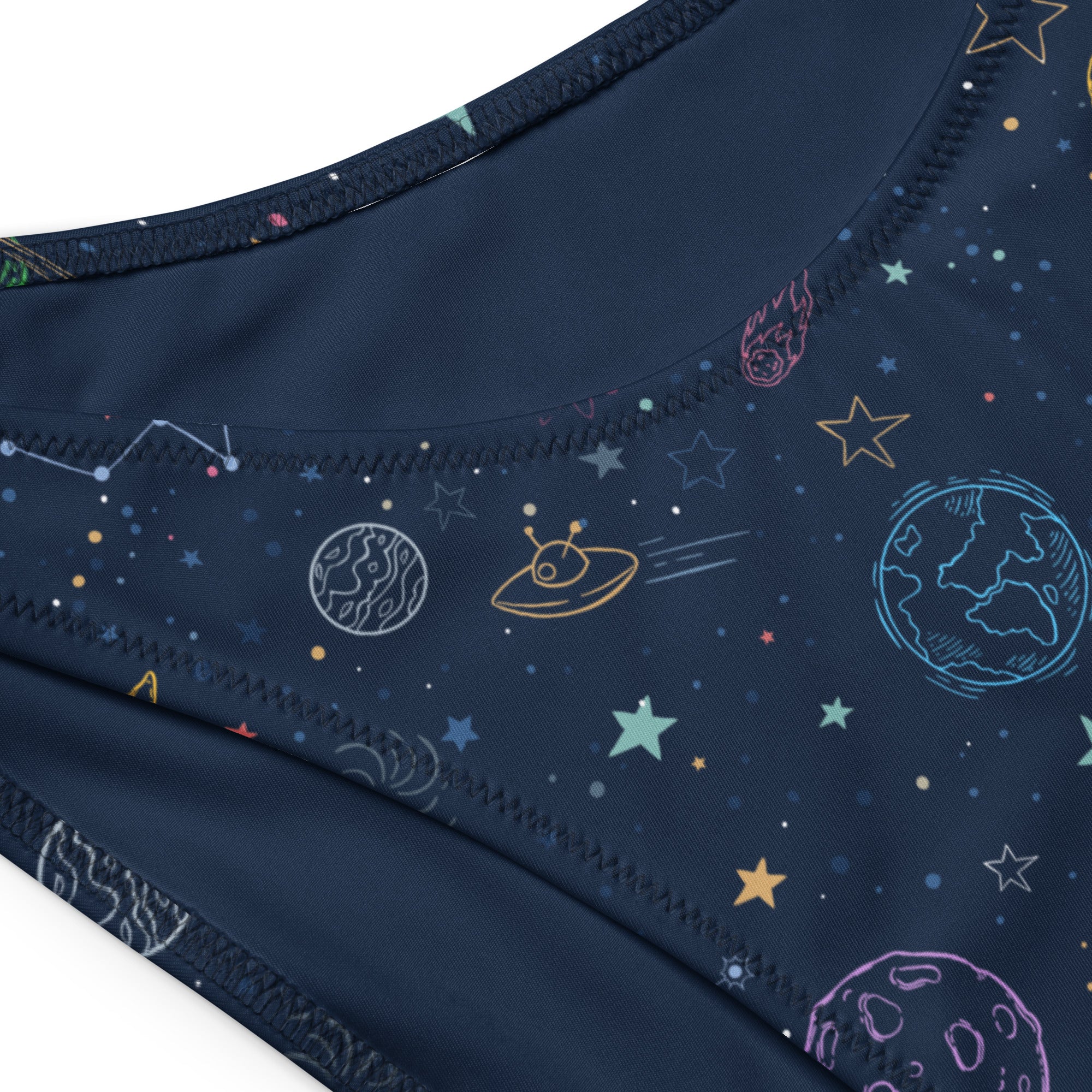 Women’s dark blue recycled bandeau bikini with colorful galaxy space print and quick drying UPF 50+ fabric