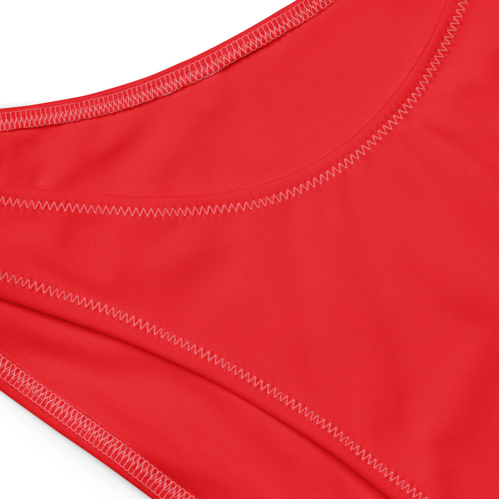 Women’s red recycled bandeau bikini bottom with white zigzag stitching quick drying fabric upf 50+ shown from back
