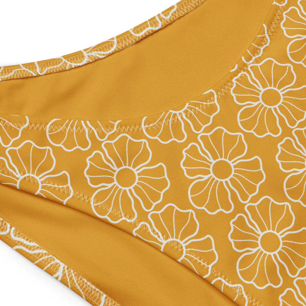 Women’s mustard yellow floral recycled bandeau bikini top with quick drying fabric upf 50 plus and stitched edges