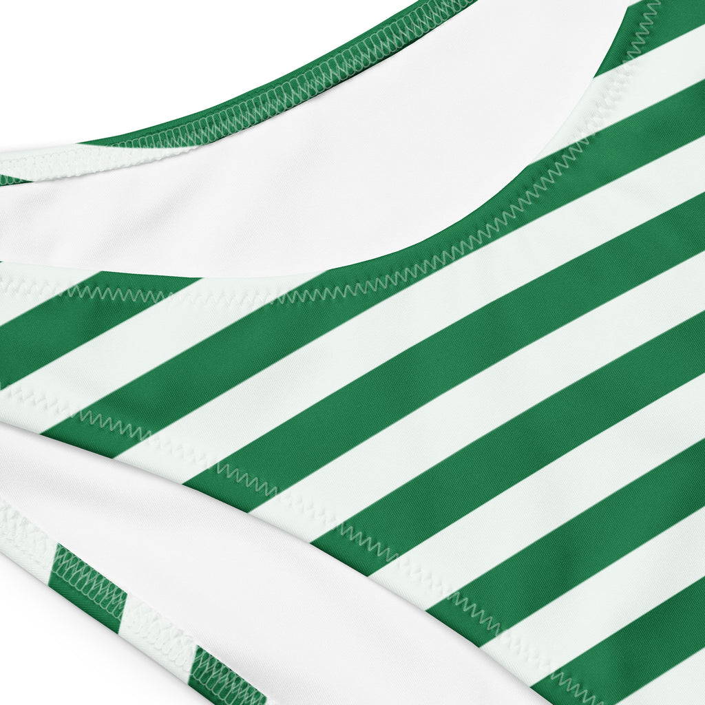 Women's Green & White Striped Christmas Recycled Bandeau Bikini - Quick Drying Fabric With UPF 50+