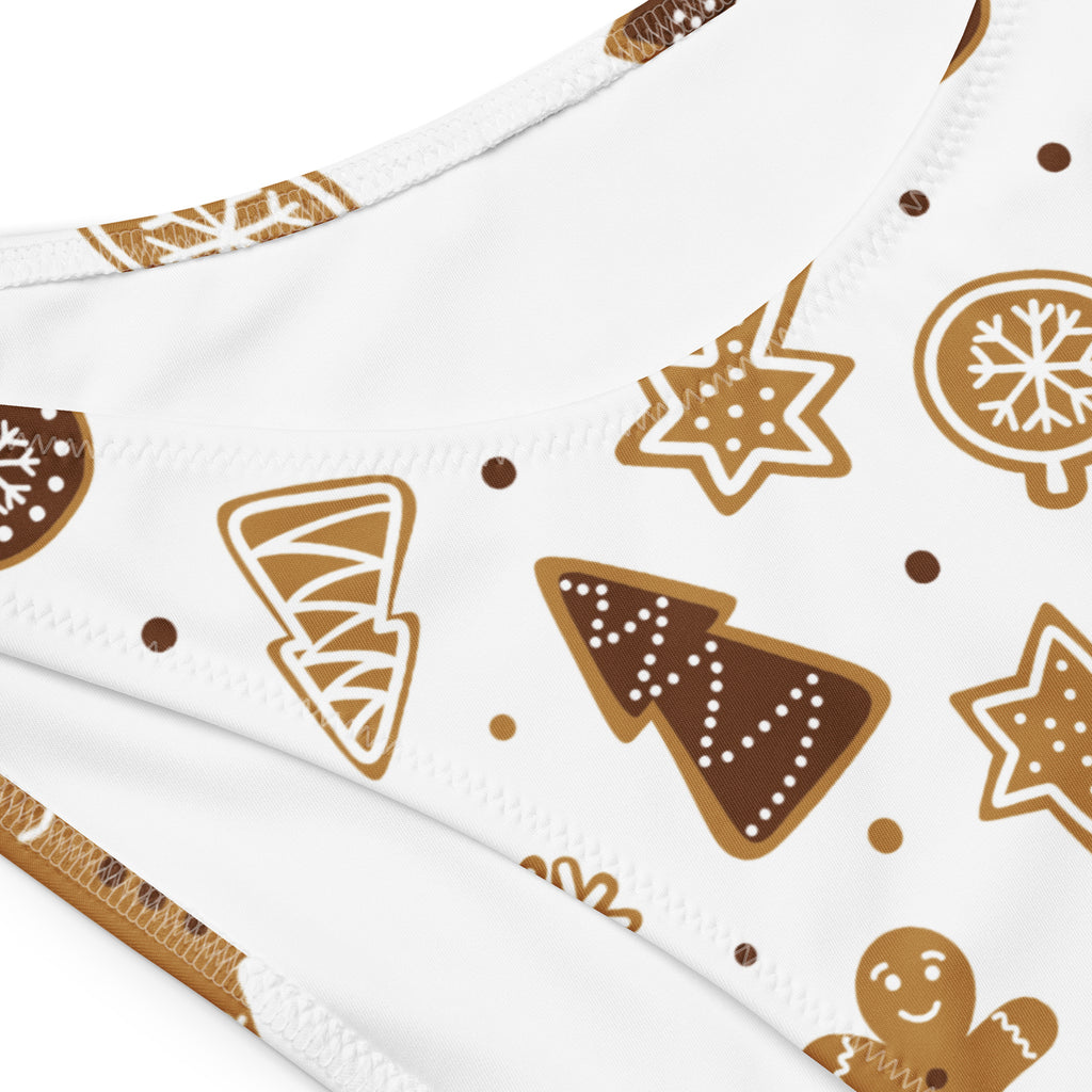 White bikini top with festive gingerbread cookie pattern in brown and tan quick drying fabric upf 50+