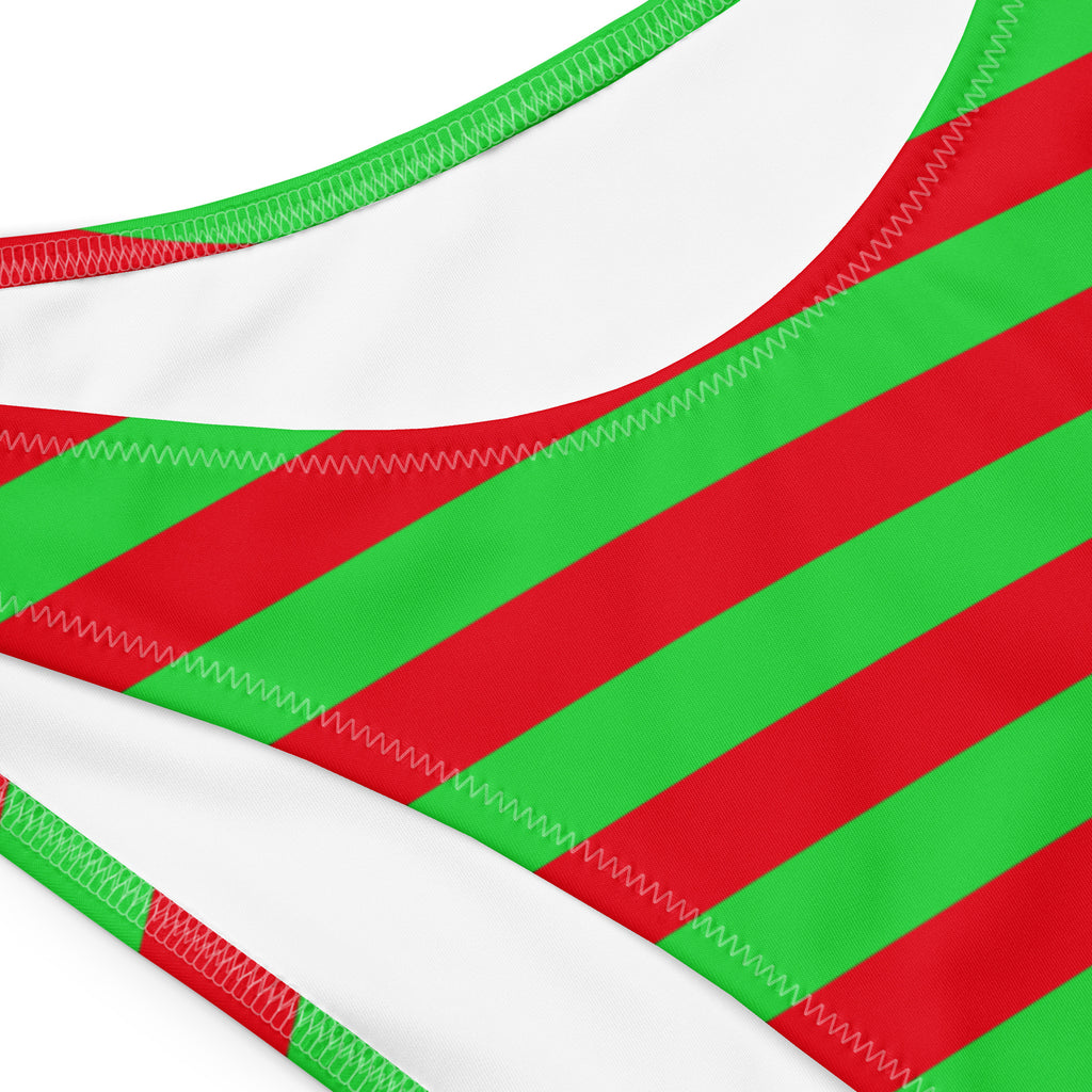 Women's Red & Green Striped Christmas Recycled Bandeau Bikini - Quick Drying Fabric With UPF 50+