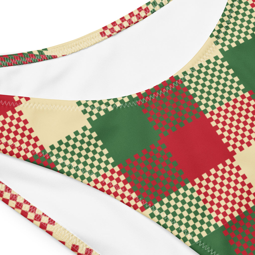 Women’s Christmas plaid recycled bandeau bikini top in red green and cream pixelated pattern with quick drying fabric and UPF 50+