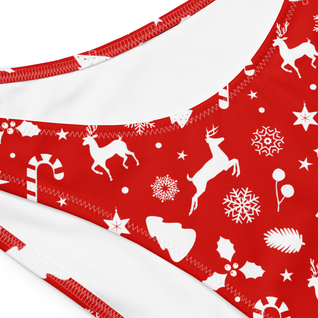 Women’s red christmas recycled bandeau bikini with reindeer snowflakes candy canes holly patterns quick drying fabric upf 50+