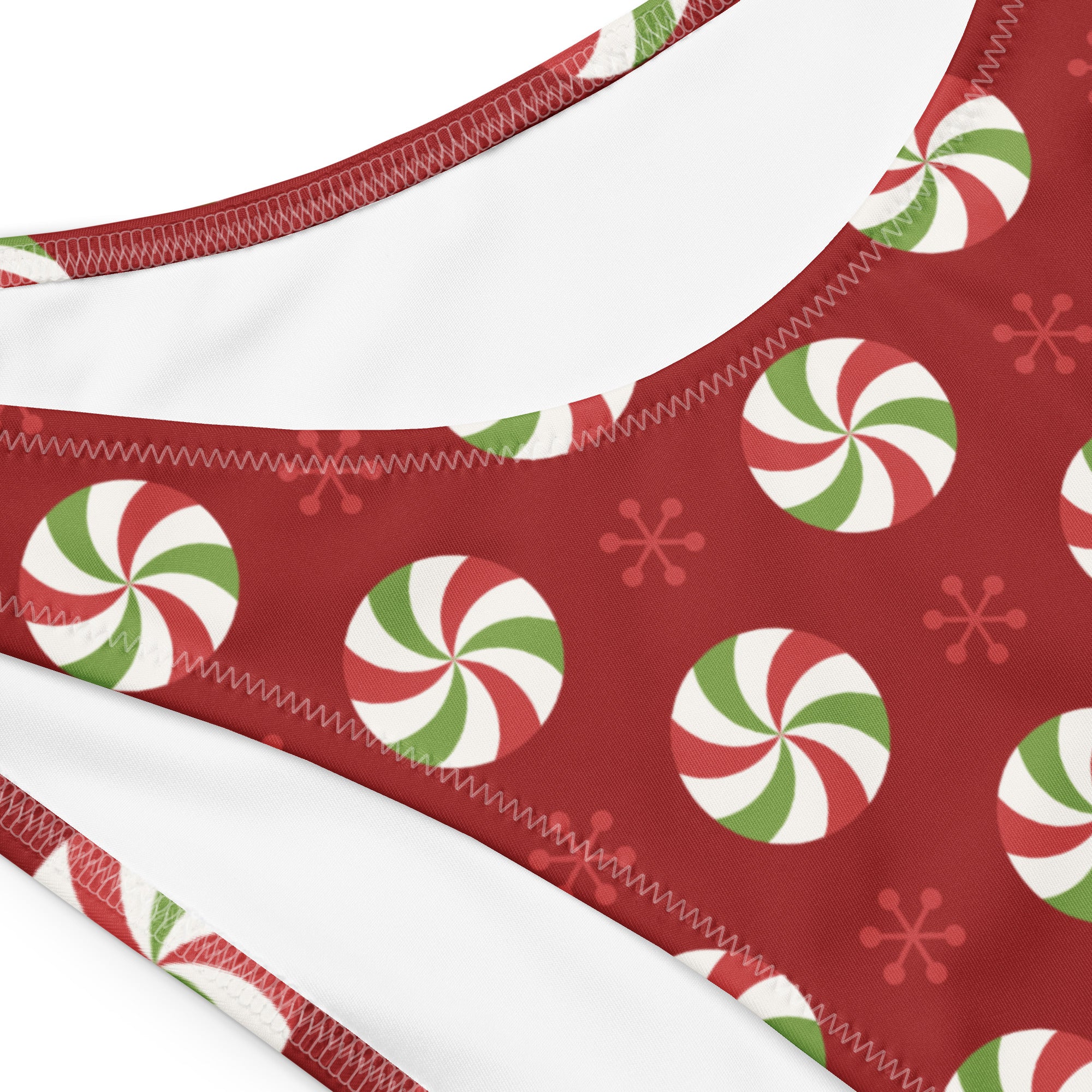 Women’s peppermint candy recycled bandeau bikini top in red white with green accents quick drying fabric upf 50+