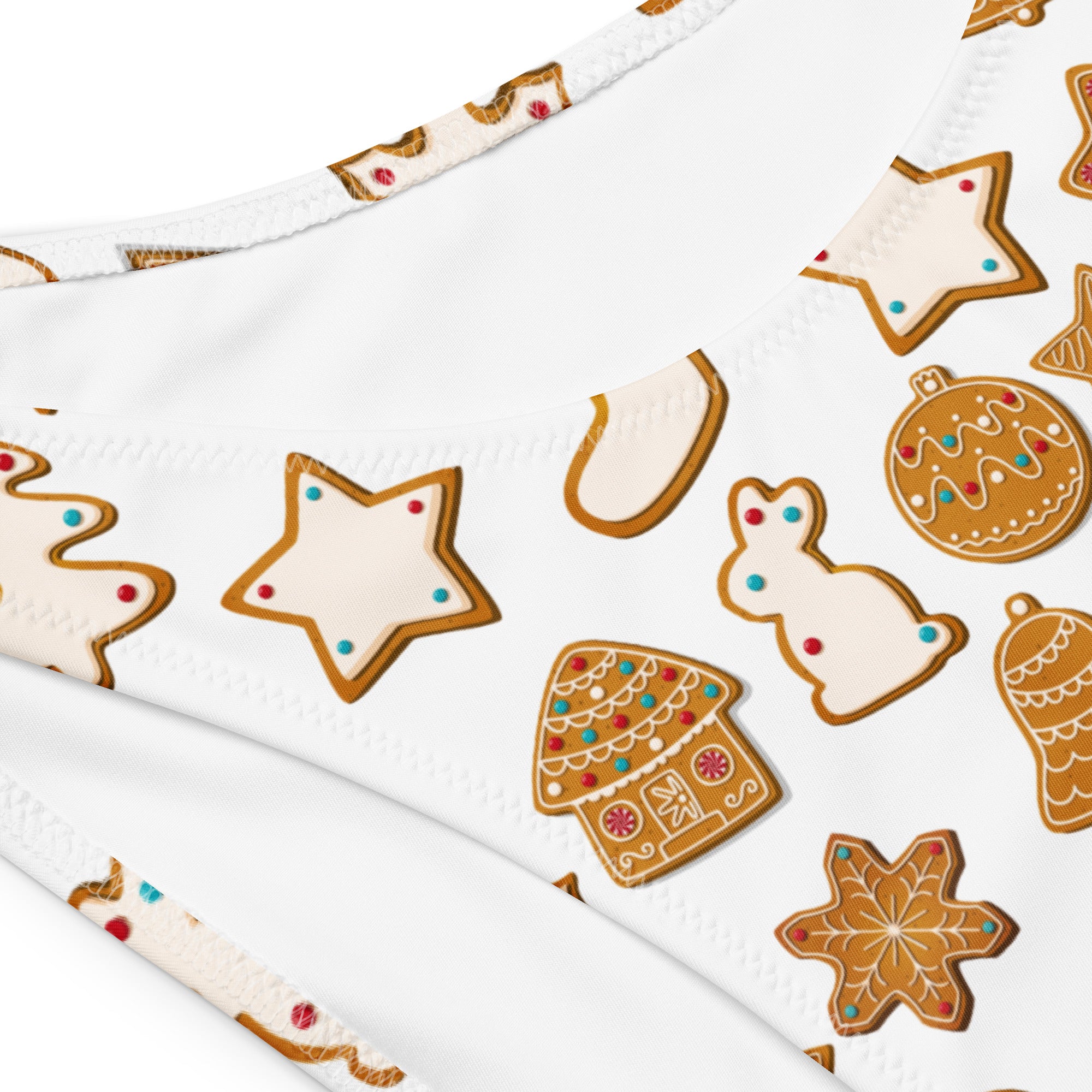 Women’s white gingerbread cookie recycled bandeau bikini top with festive print stars houses ornaments quick drying fabric upf 50+