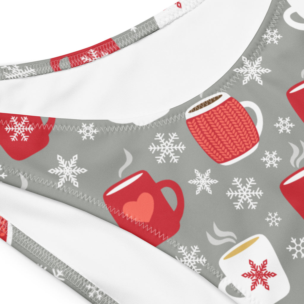 Gray recycled fabric women’s hot cocoa bandeau bikini with festive red white mug pattern snowflakes steam lines and upf 50+