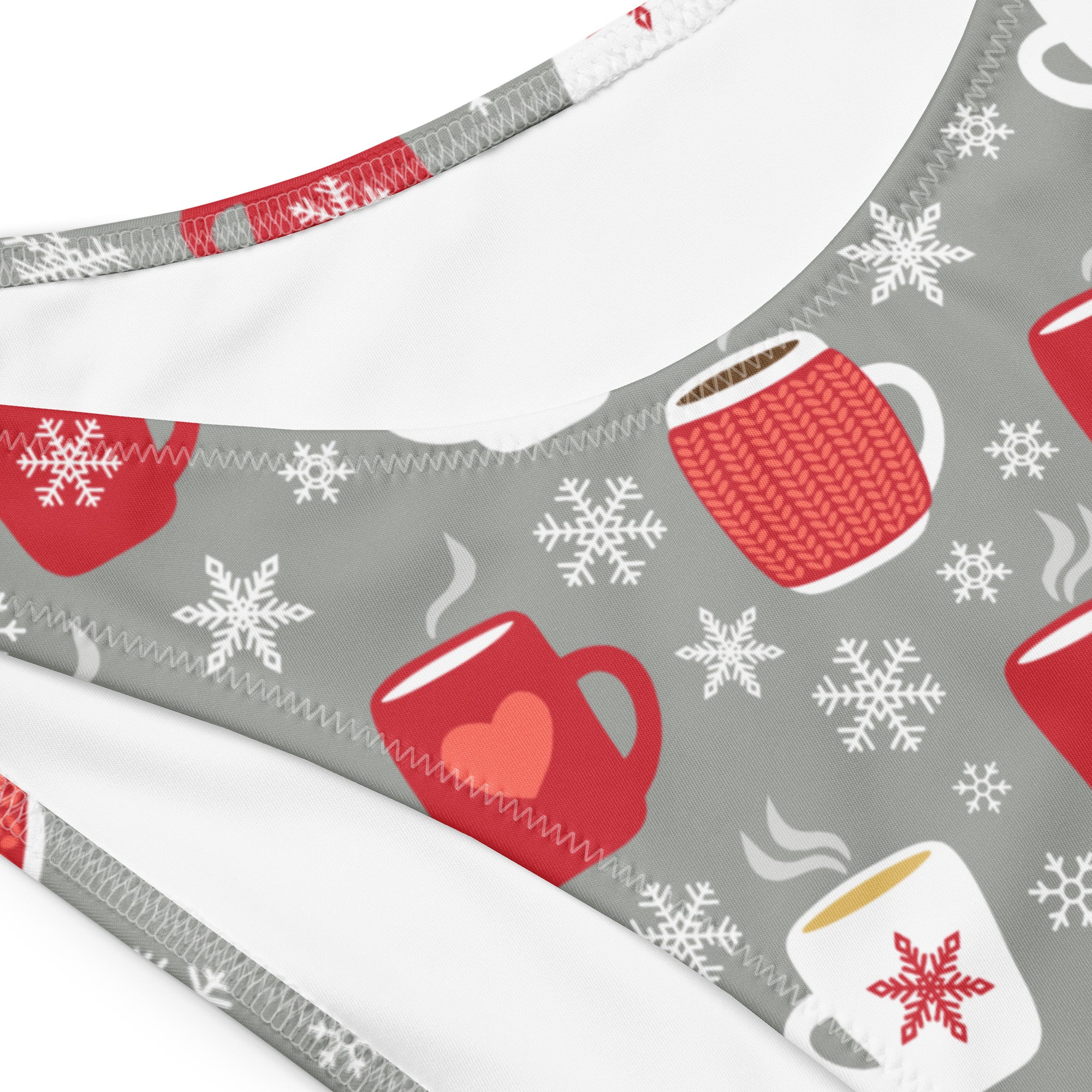 Gray recycled fabric women’s hot cocoa bandeau bikini with festive red white mug pattern snowflakes steam lines and upf 50+