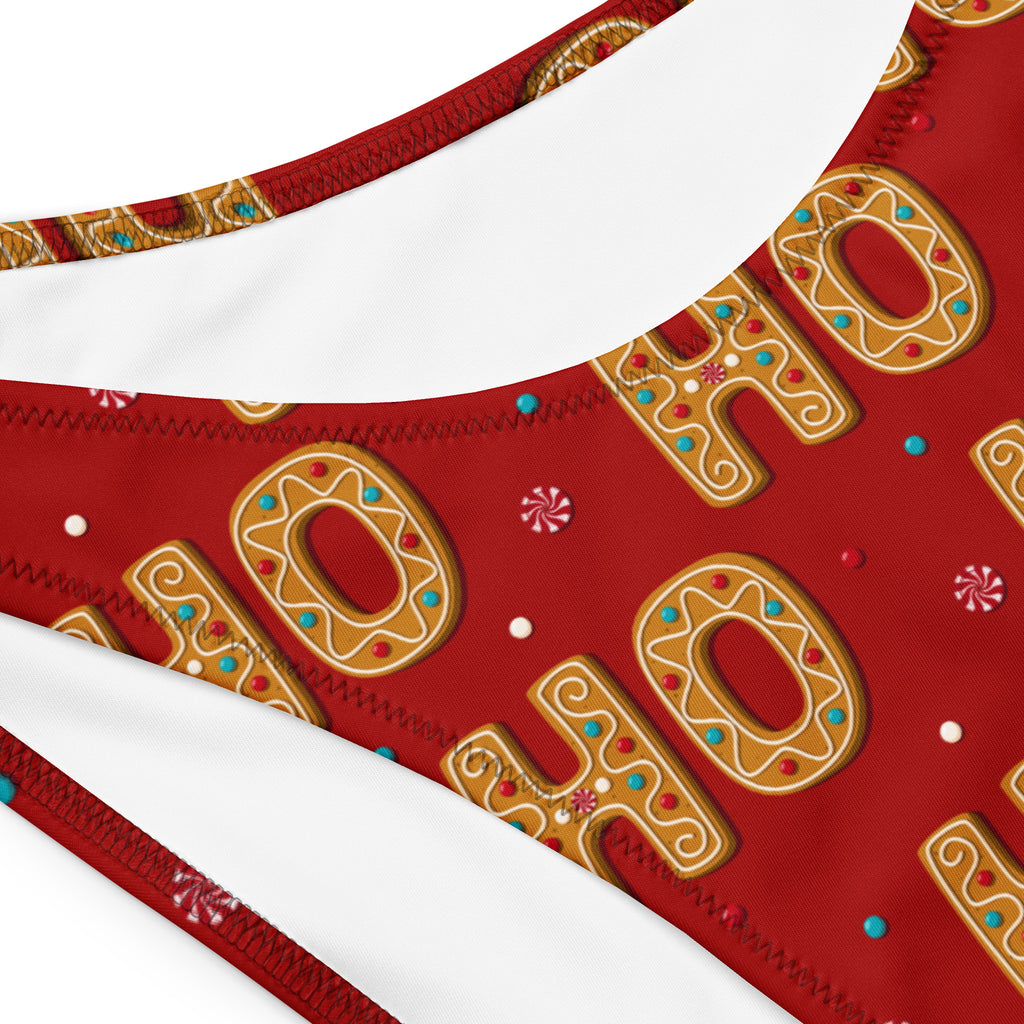 Women’s red ho ho ho christmas recycled bandeau bikini top with festive gingerbread pattern and white trim