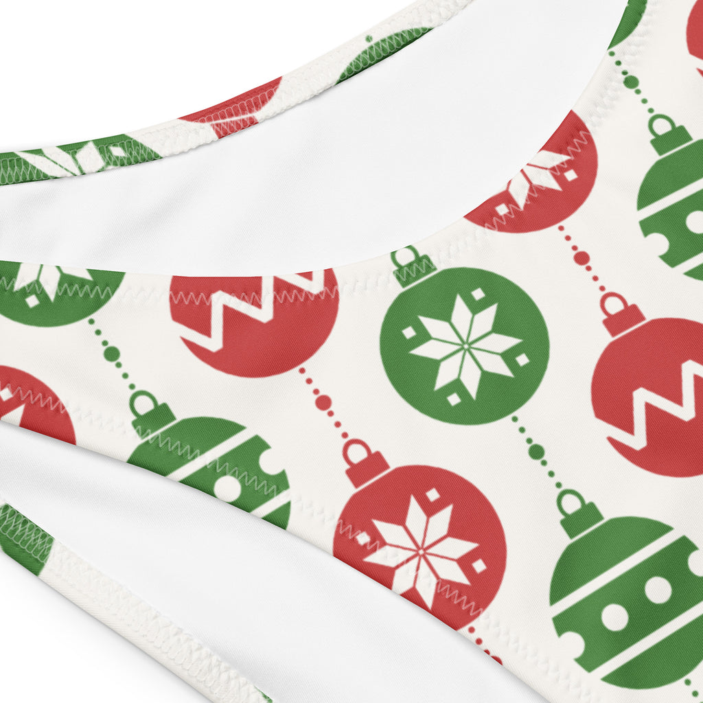 White festive bandeau bikini top with red and green christmas ornaments pattern quick drying fabric upf 50 plus