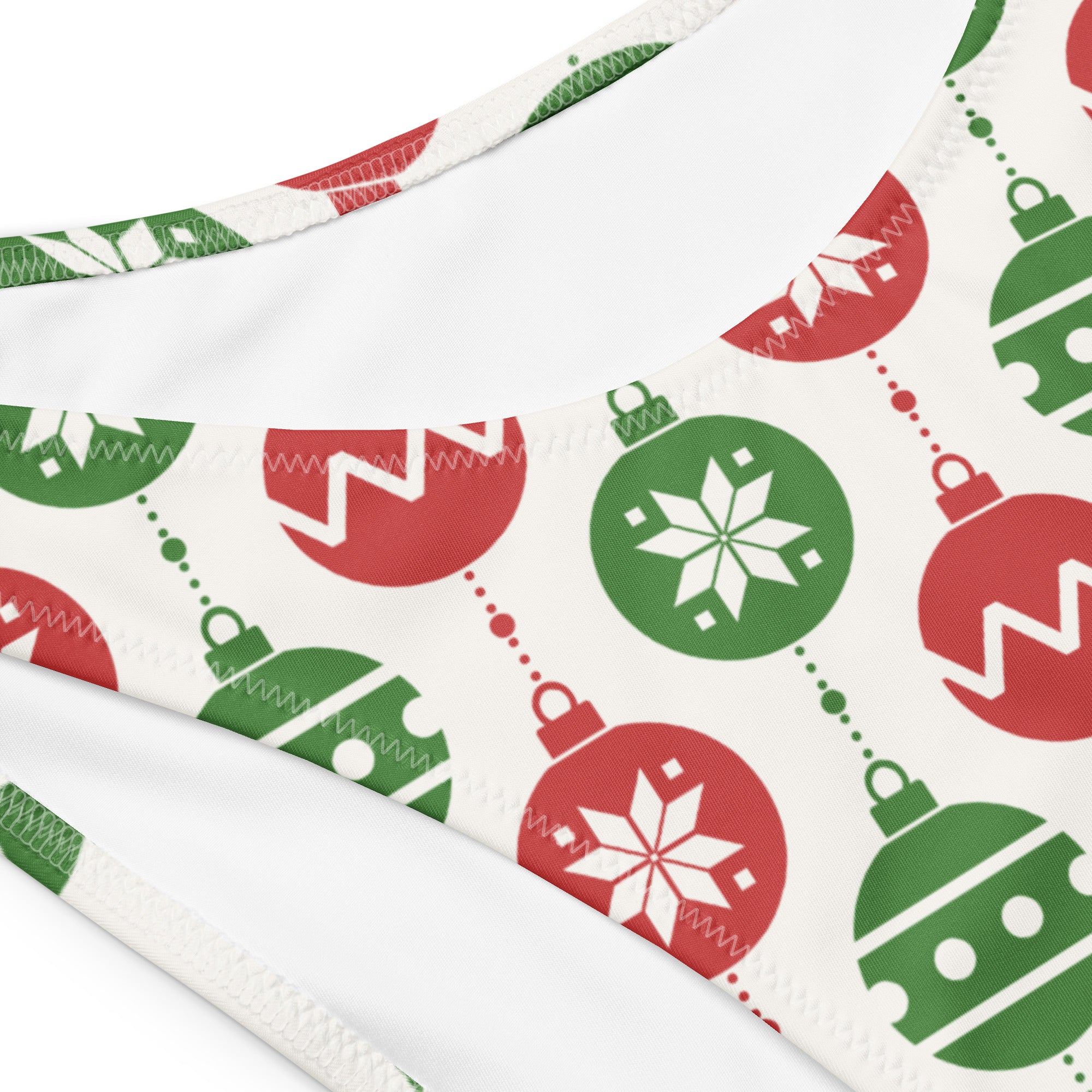 White festive bandeau bikini top with red and green christmas ornaments pattern quick drying fabric upf 50 plus