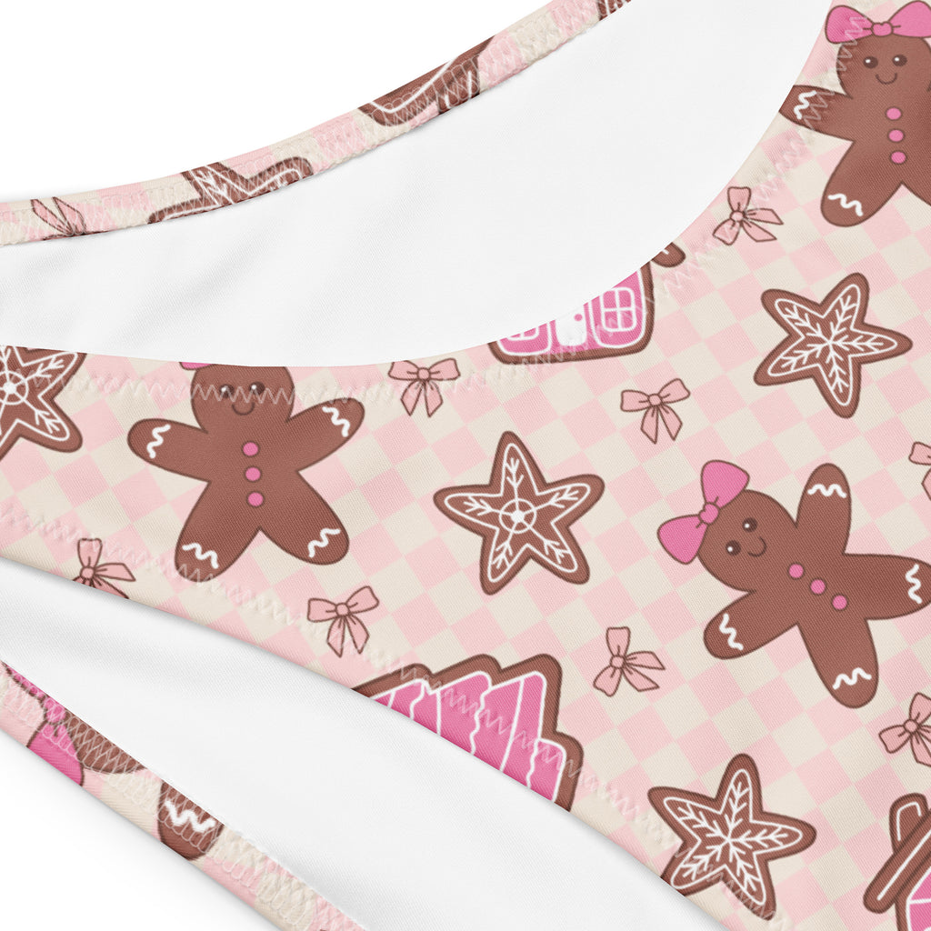 Women’s pink and brown gingerbread recycled bandeau bikini top with checkered pattern quick drying fabric upf 50+