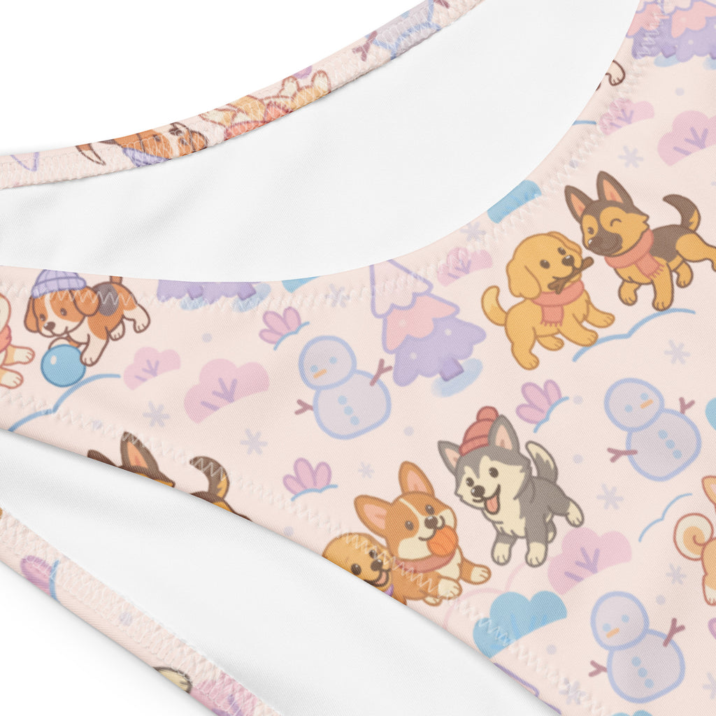 Women’s pastel pink recycled bandeau bikini top with cartoon dogs and winter print quick drying fabric upf 50+