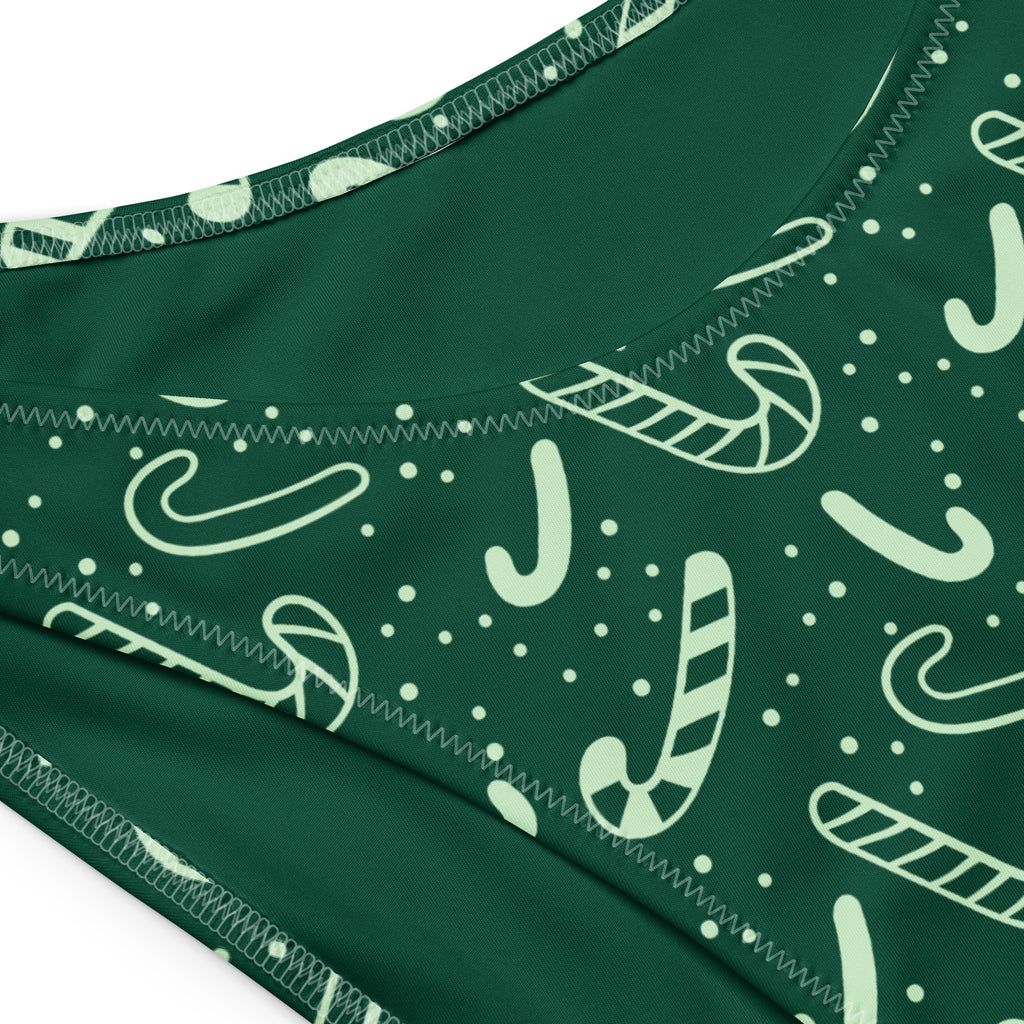 Women's Green Candy Cane Christmas Recycled Bandeau Bikini - Quick Drying Fabric With UPF 50+