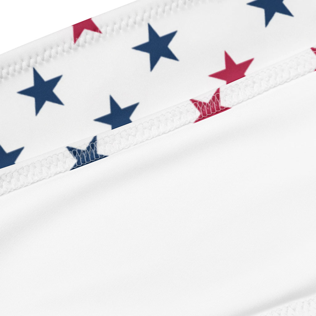 White fabric bandeau bikini with red and navy blue stars quick drying recycled fabric upf 50 plus protection