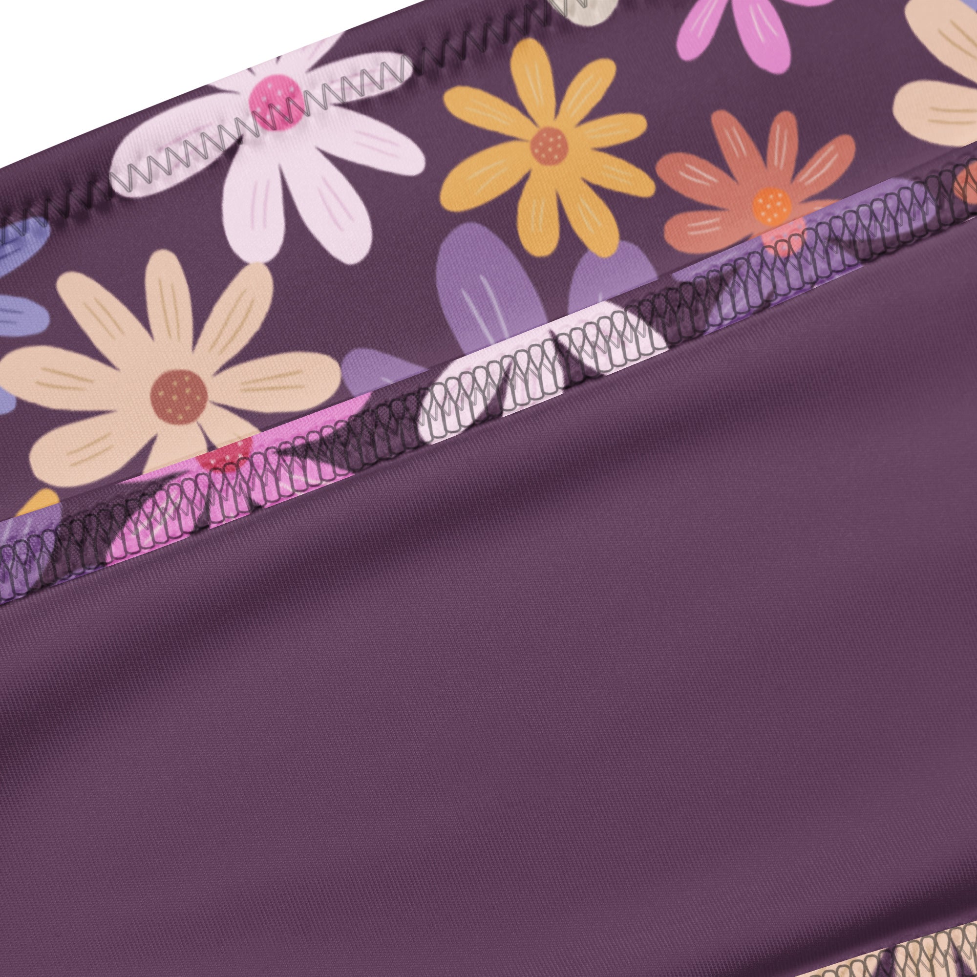 Women’s retro daisy floral recycled bandeau bikini in purple with yellow white and pink daisies quick drying fabric upf 50+