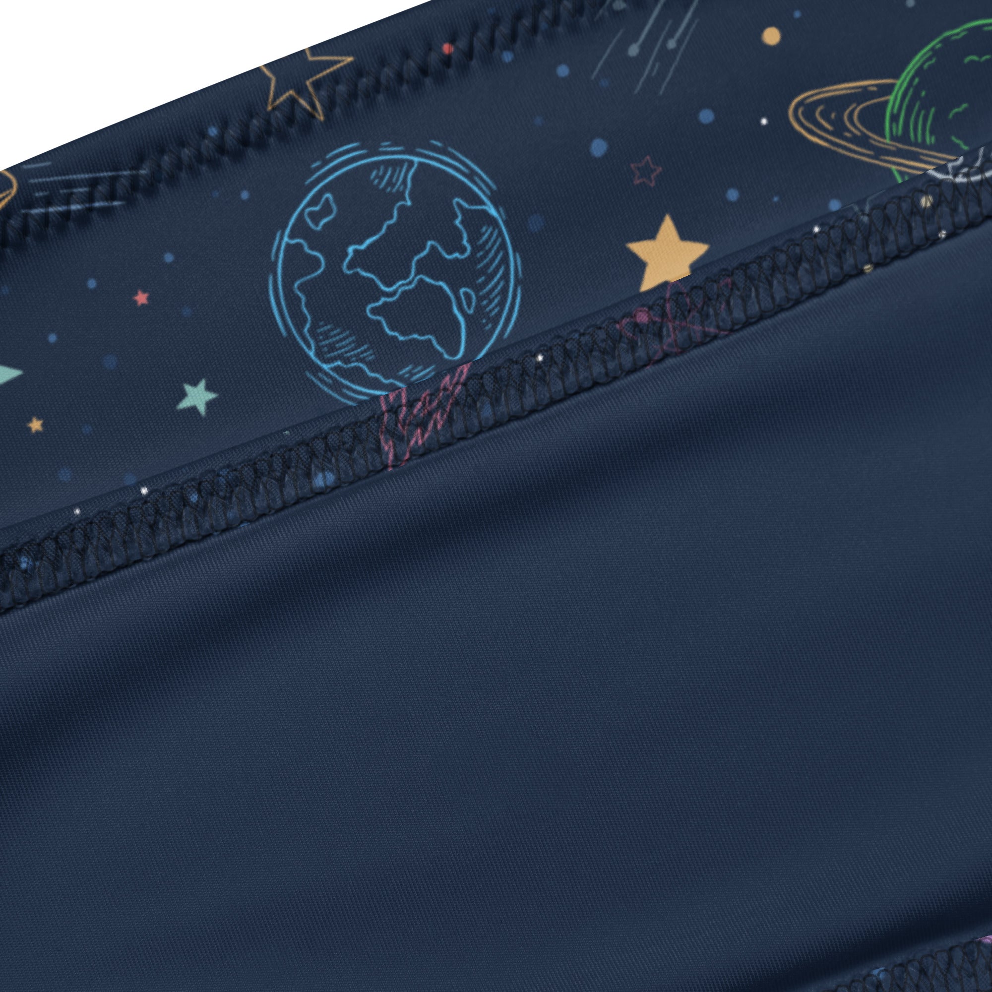 Dark blue women’s recycled bandeau bikini with cosmic print planets stars glitter accents quick drying upf 50+