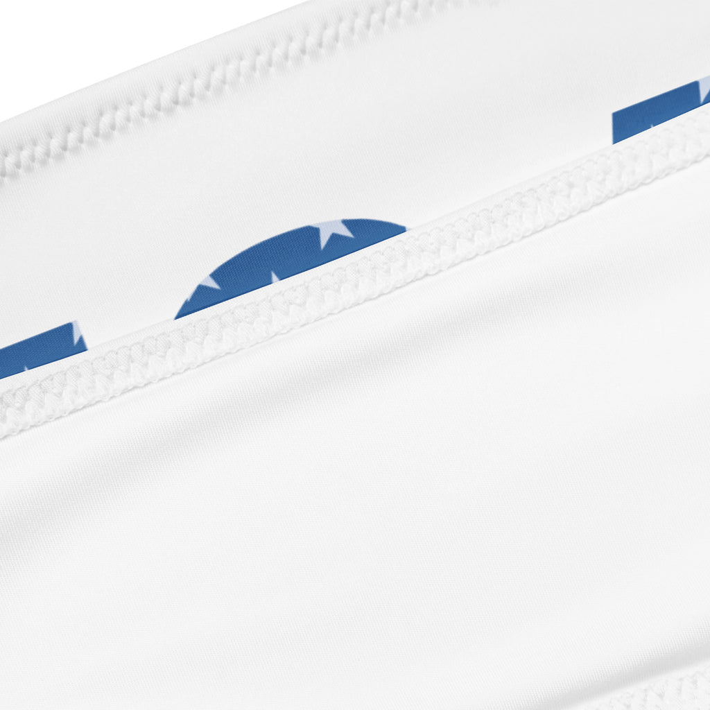 White fabric with blue star zipper pull and stitching on women’s usa recycled bandeau bikini with upf 50 plus