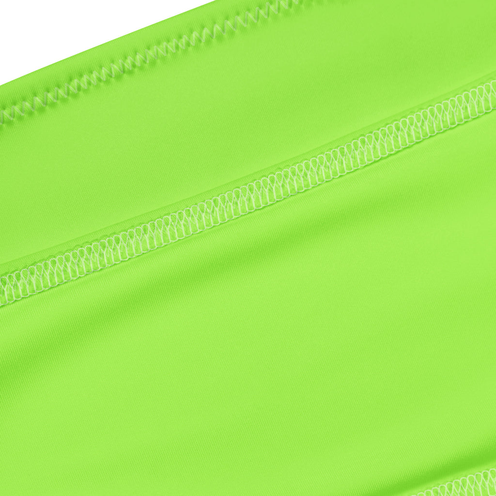 Women’s lime green recycled bandeau bikini made of bright neon green quick drying fabric with visible stitching and upf 50+