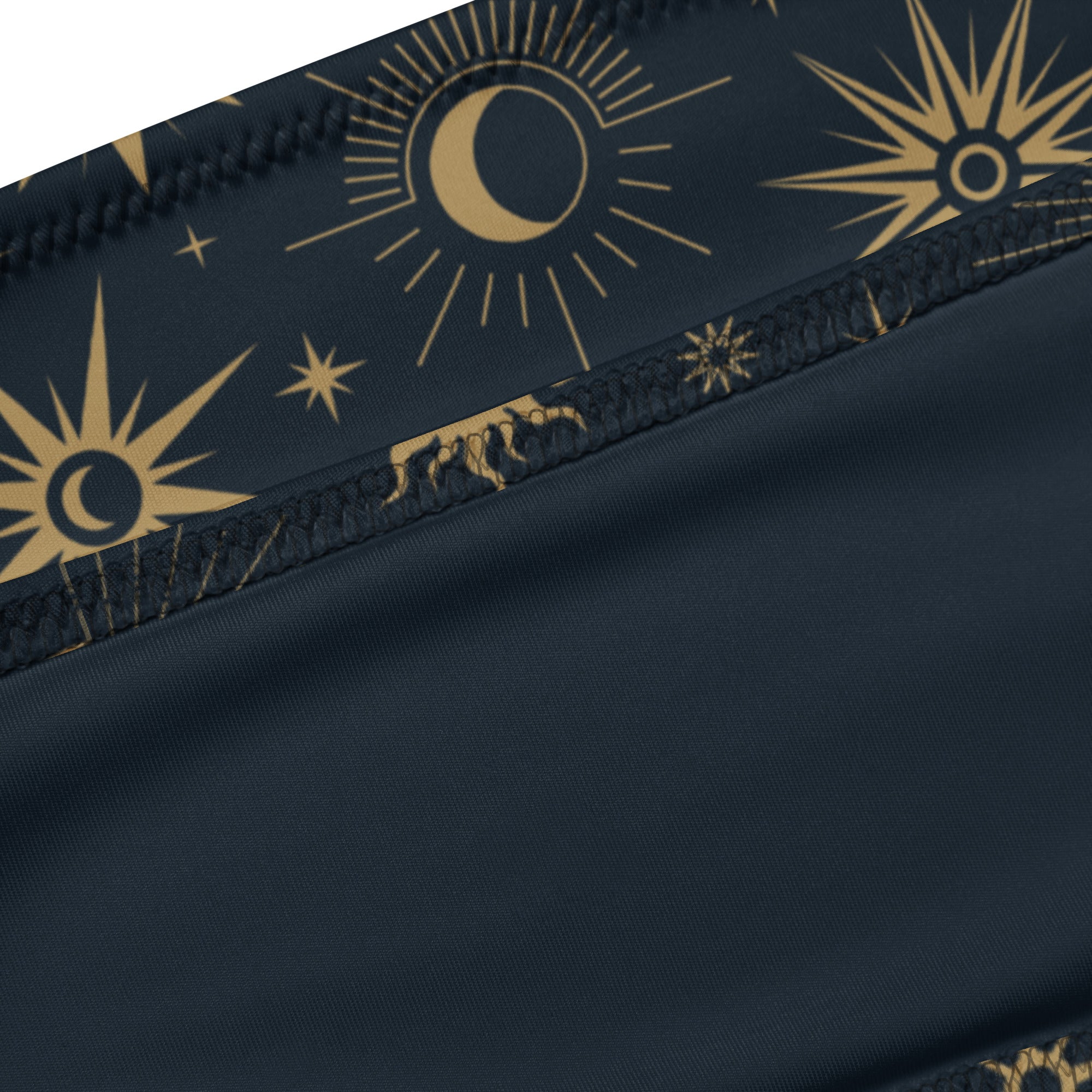 Dark navy women’s celestial sun and moon recycled bandeau bikini with gold pattern quick drying fabric upf 50+
