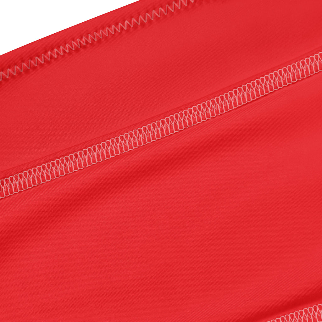 Women’s red recycled bandeau bikini fabric with white zigzag stitching quick drying with upf 50 plus protection