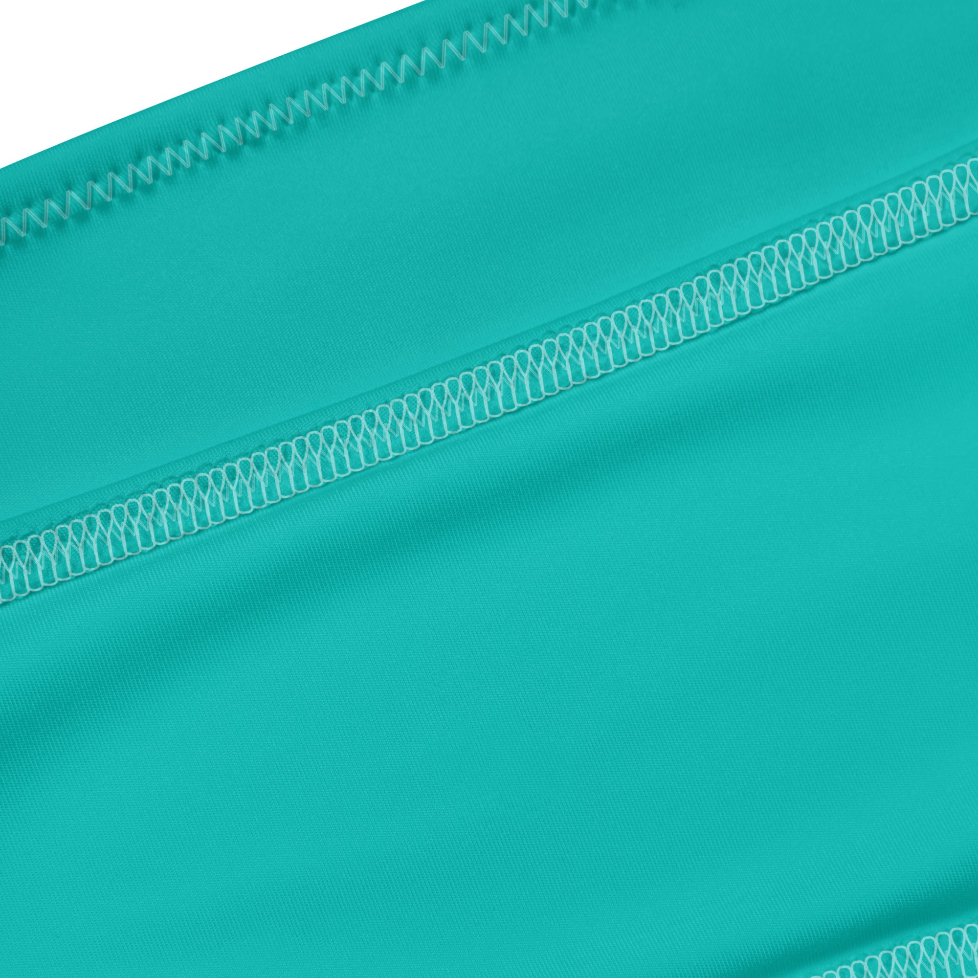 Women’s teal recycled bandeau bikini made of quick drying fabric with upf 50 plus featuring white zigzag stitching