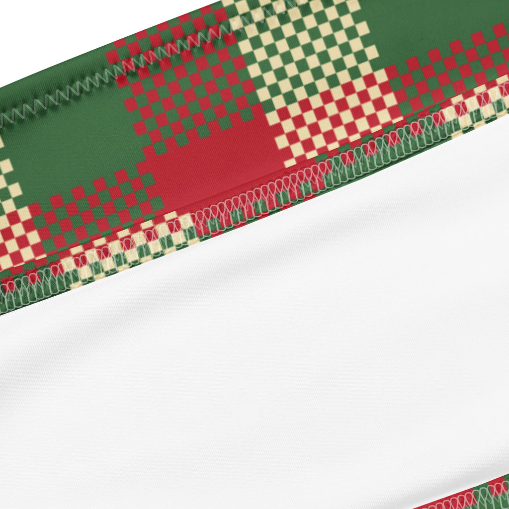 Women’s christmas plaid recycled bandeau bikini with festive green red pixelated pattern and cream checkered stitched edge