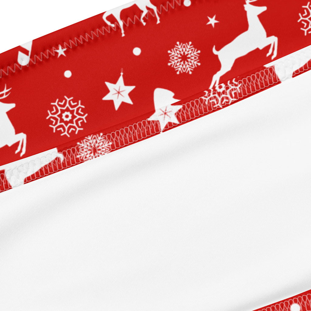 Women’s red christmas recycled bandeau bikini with quick drying fabric and upf 50 plus featuring festive reindeer headband
