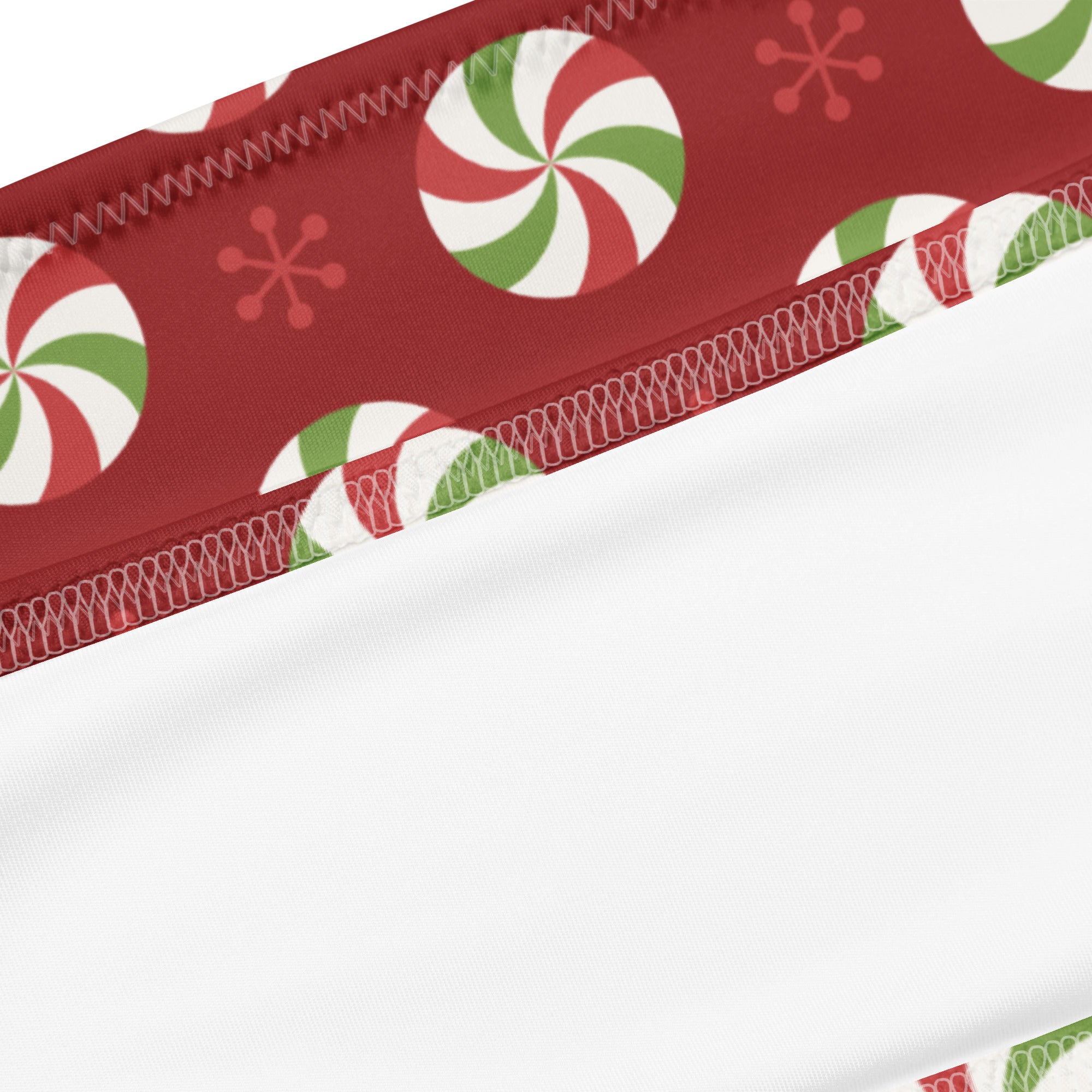 Women’s peppermint candy recycled bandeau bikini with red white green fabric and zigzag stitch quick drying upf 50 plus