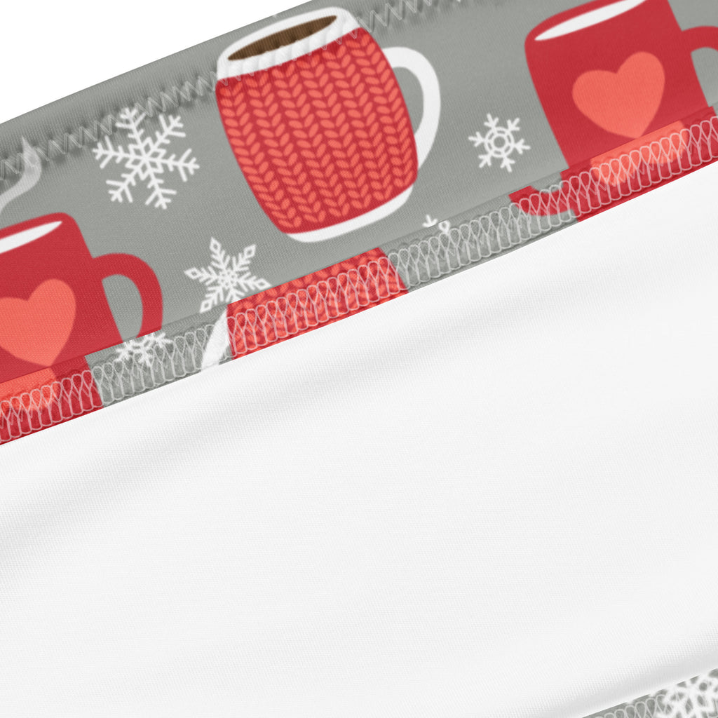 Women’s hot cocoa bandeau recycled bikini in gray fabric with red knitted mug heart pattern and white snowflakes designed for quick drying with upf 50+