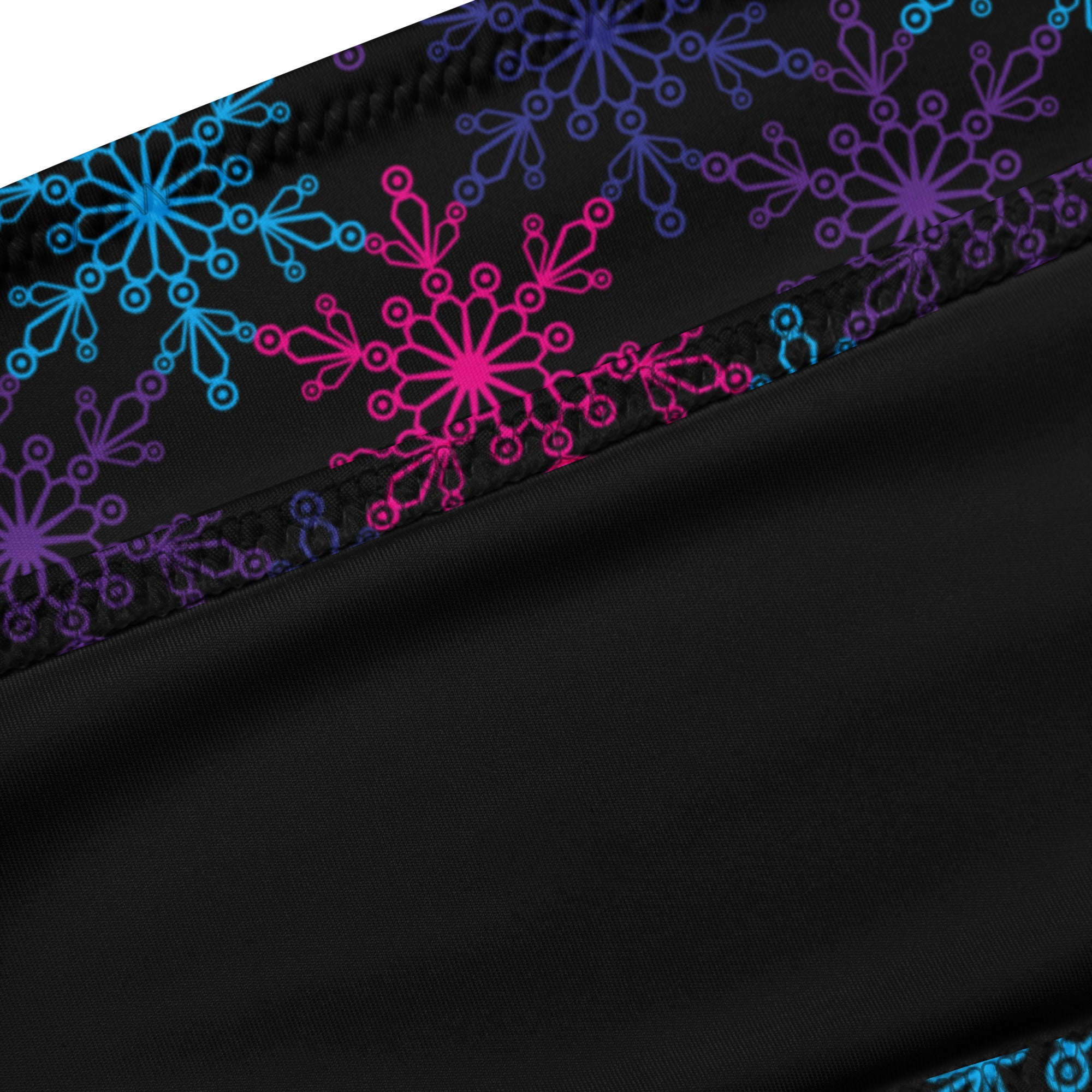 Women’s black bandeau bikini with neon blue pink purple snowflake pattern quick drying fabric upf 50 plus