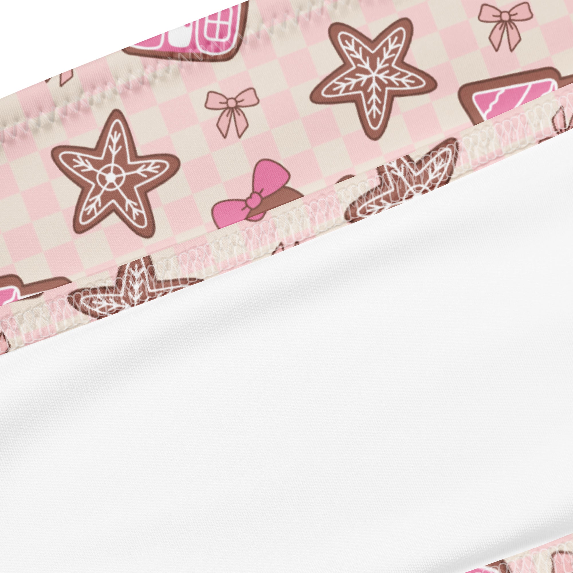 Women’s pink christmas gingerbread recycled bandeau bikini with quick drying fabric and white interior lining
