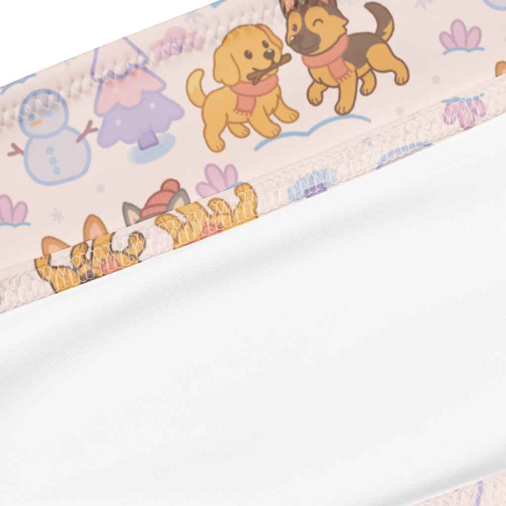 Women’s cute christmas dogs recycled bandeau bikini in soft pink with winter dog snowman pattern and upf 50+ quick drying fabric